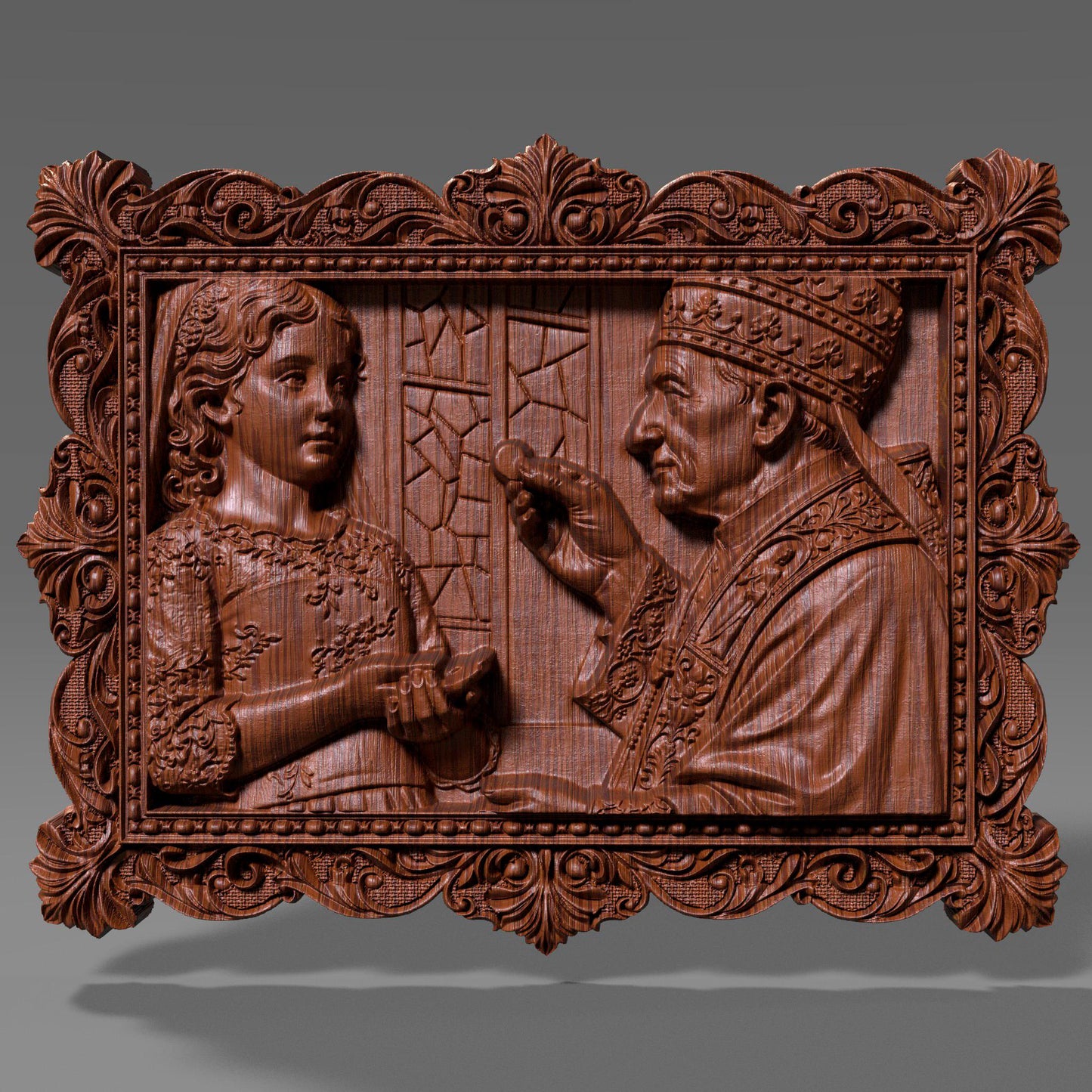 Ornate wooden bas-relief artwork depicting a First Communion scene, featuring a child receiving the Eucharist from a priest, framed in an intricate classical border. The relief shows fine facial details, flowing garments, and deep carved textures, rendered in wood style. Designed as a custom 3D bas-relief STL from a child’s photo, ideal for CNC carving, 3D printing, and Catholic religious keepsakes.