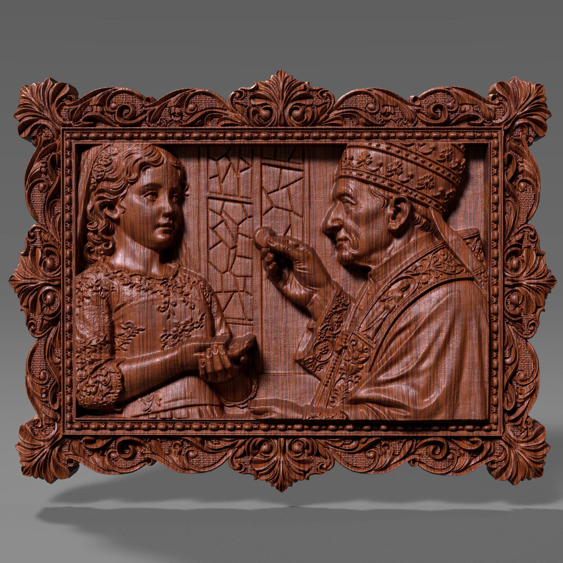 Ornate wooden bas-relief artwork depicting a First Communion scene, featuring a child receiving the Eucharist from a priest, framed in an intricate classical border. The relief shows fine facial details, flowing garments, and deep carved textures, rendered in wood style. Designed as a custom 3D bas-relief STL from a child’s photo, ideal for CNC carving, 3D printing, and Catholic religious keepsakes.