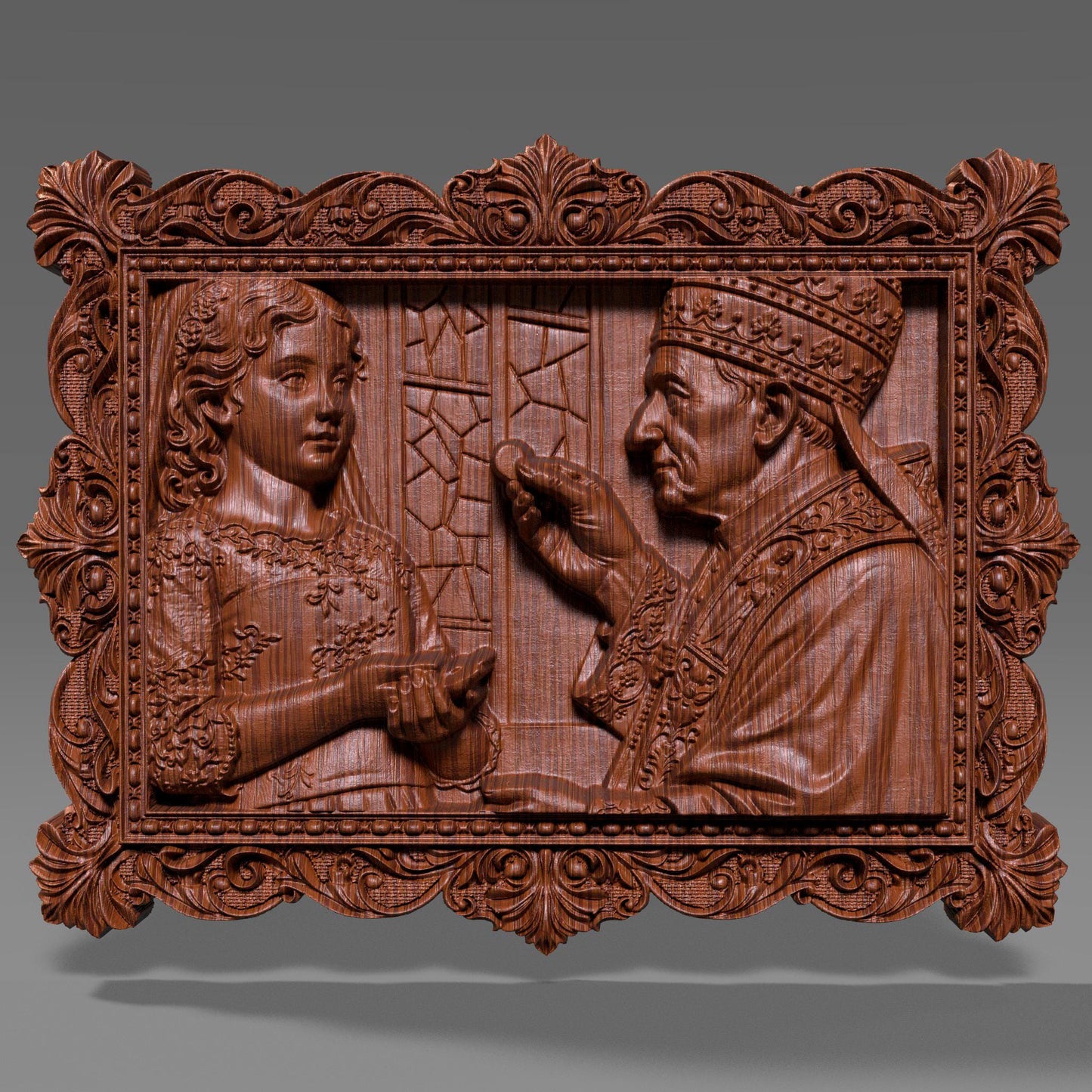 Ornate wooden bas-relief artwork depicting a First Communion scene, featuring a child receiving the Eucharist from a priest, framed in an intricate classical border. The relief shows fine facial details, flowing garments, and deep carved textures, rendered in wood style. Designed as a custom 3D bas-relief STL from a child’s photo, ideal for CNC carving, 3D printing, and Catholic religious keepsakes.