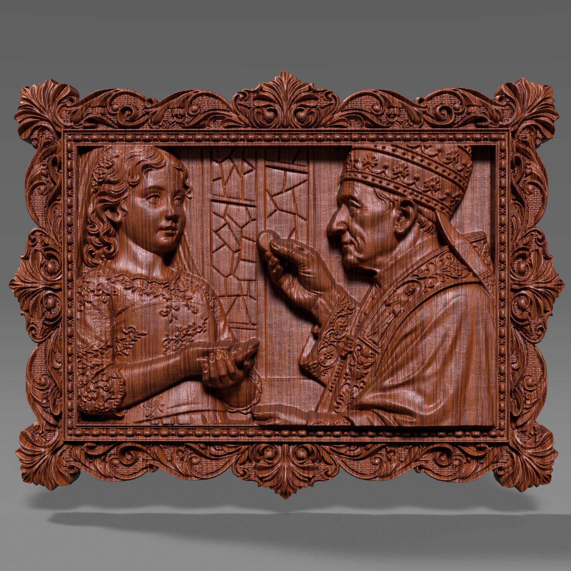 Ornate wooden bas-relief artwork depicting a First Communion scene, featuring a child receiving the Eucharist from a priest, framed in an intricate classical border. The relief shows fine facial details, flowing garments, and deep carved textures, rendered in wood style. Designed as a custom 3D bas-relief STL from a child’s photo, ideal for CNC carving, 3D printing, and Catholic religious keepsakes.