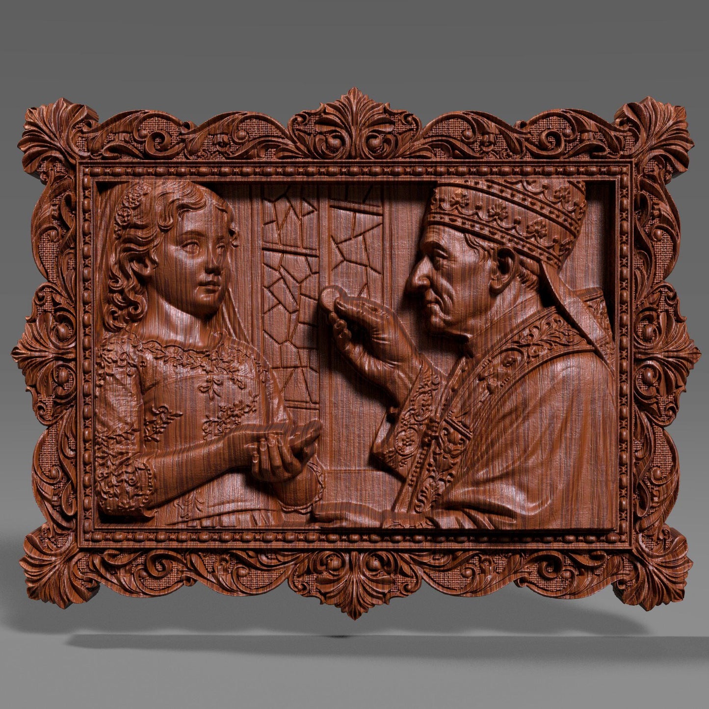 Ornate wooden bas-relief artwork depicting a First Communion scene, featuring a child receiving the Eucharist from a priest, framed in an intricate classical border. The relief shows fine facial details, flowing garments, and deep carved textures, rendered in wood style. Designed as a custom 3D bas-relief STL from a child’s photo, ideal for CNC carving, 3D printing, and Catholic religious keepsakes.