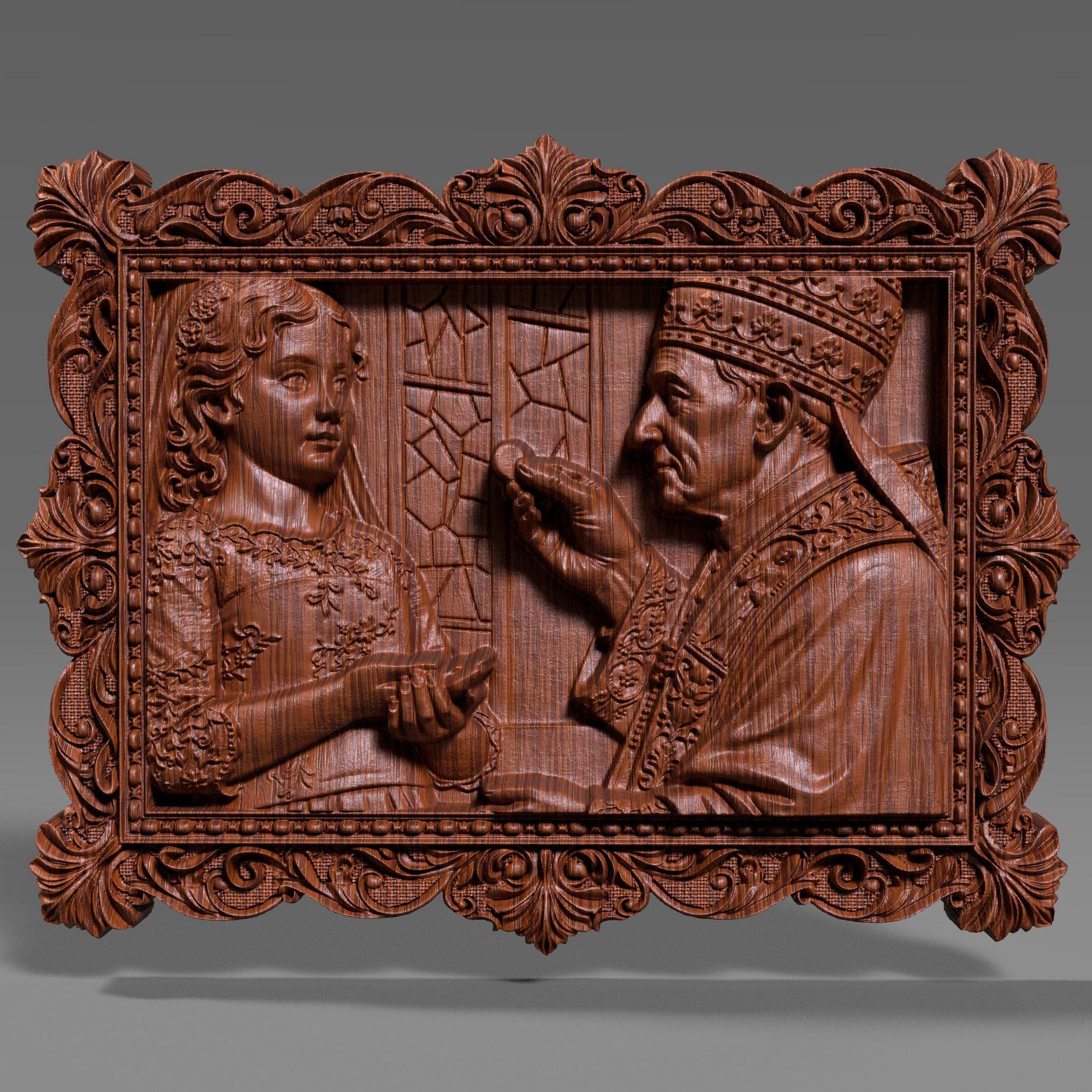 Ornate wooden bas-relief artwork depicting a First Communion scene, featuring a child receiving the Eucharist from a priest, framed in an intricate classical border. The relief shows fine facial details, flowing garments, and deep carved textures, rendered in wood style. Designed as a custom 3D bas-relief STL from a child’s photo, ideal for CNC carving, 3D printing, and Catholic religious keepsakes.
