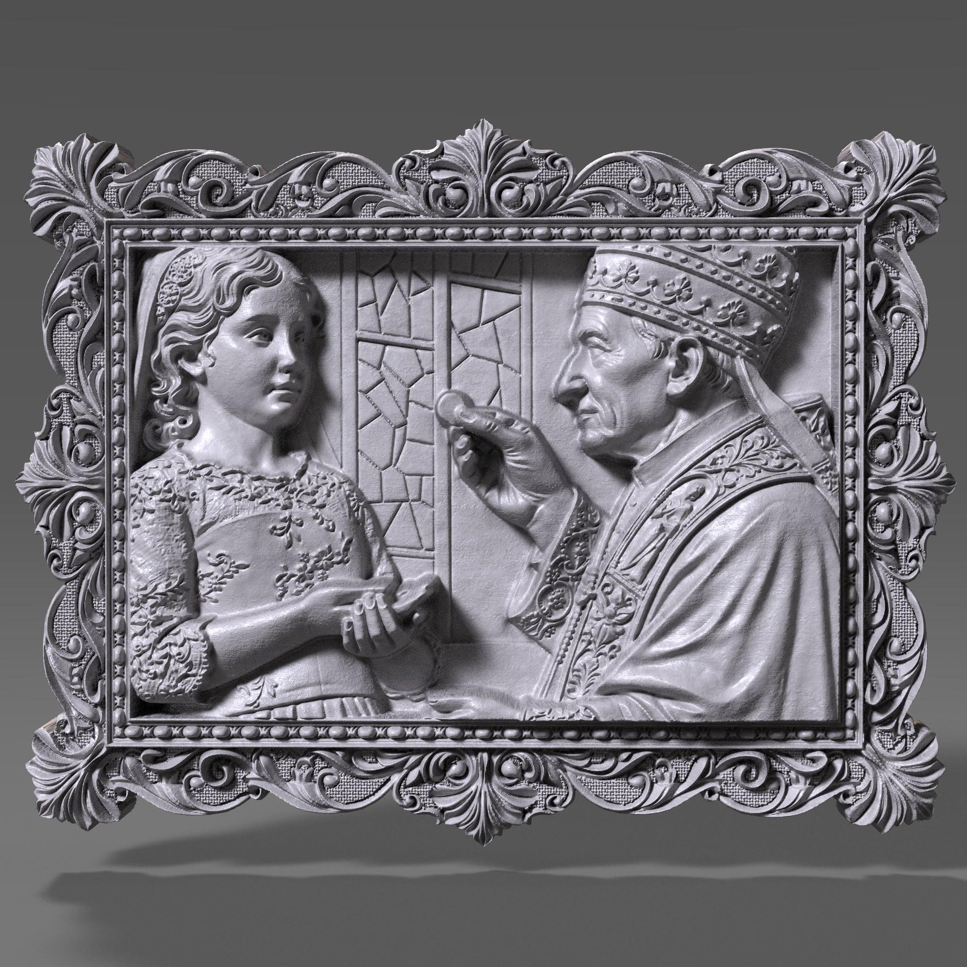 Ornate wooden bas-relief artwork depicting a First Communion scene, featuring a child receiving the Eucharist from a priest, framed in an intricate classical border. The relief shows fine facial details, flowing garments, and deep carved textures, rendered in wood style. Designed as a custom 3D bas-relief STL from a child’s photo, ideal for CNC carving, 3D printing, and Catholic religious keepsakes.