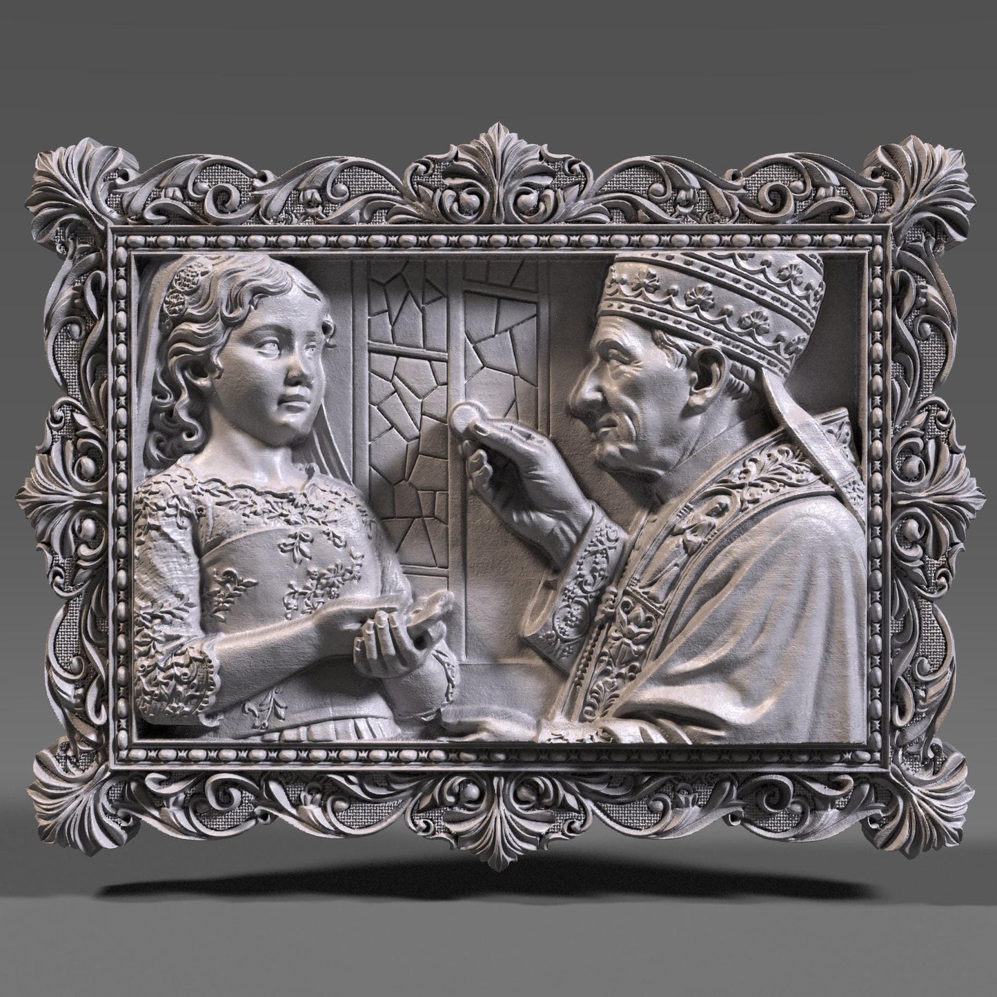 Ornate wooden bas-relief artwork depicting a First Communion scene, featuring a child receiving the Eucharist from a priest, framed in an intricate classical border. The relief shows fine facial details, flowing garments, and deep carved textures, rendered in wood style. Designed as a custom 3D bas-relief STL from a child’s photo, ideal for CNC carving, 3D printing, and Catholic religious keepsakes.
