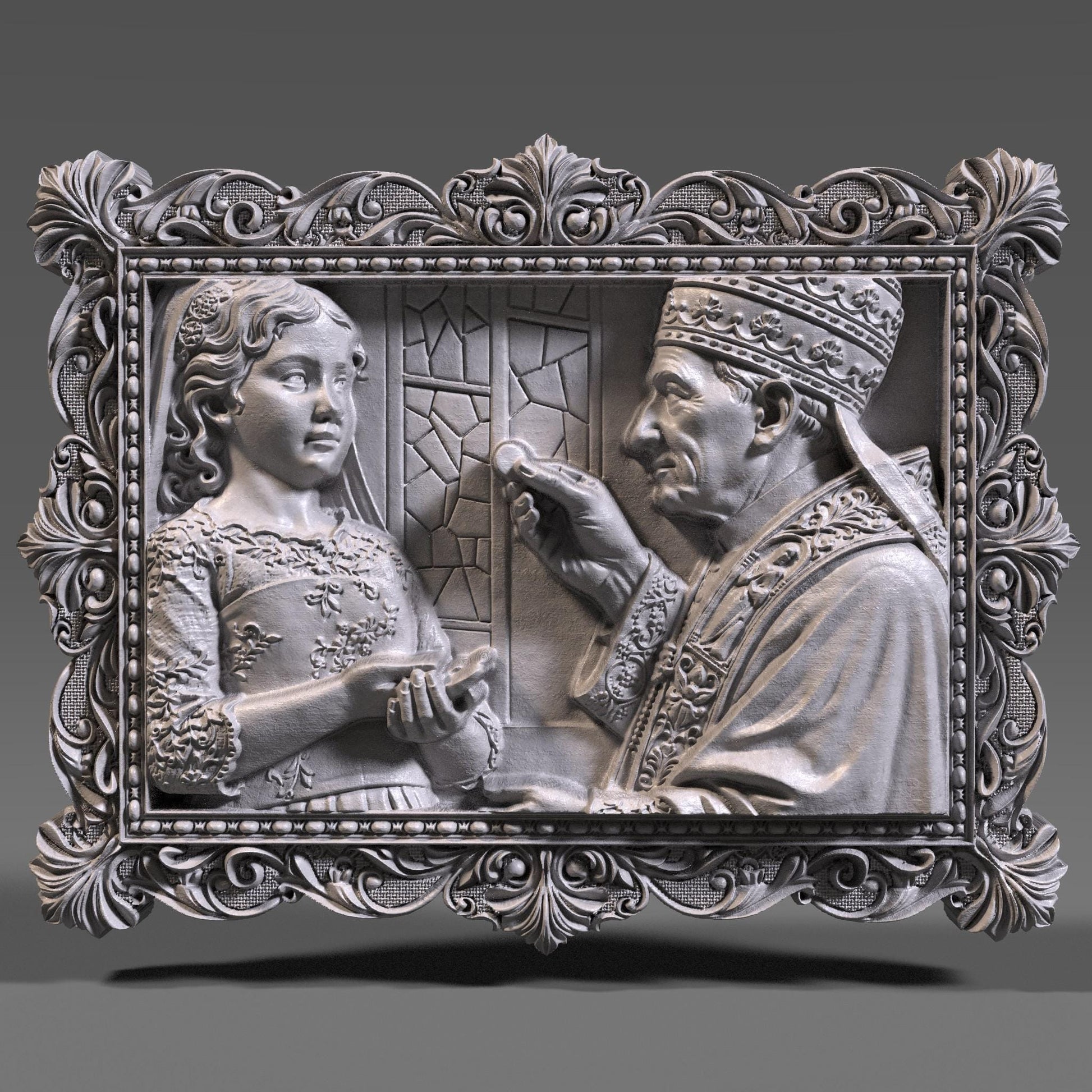 Ornate wooden bas-relief artwork depicting a First Communion scene, featuring a child receiving the Eucharist from a priest, framed in an intricate classical border. The relief shows fine facial details, flowing garments, and deep carved textures, rendered in wood style. Designed as a custom 3D bas-relief STL from a child’s photo, ideal for CNC carving, 3D printing, and Catholic religious keepsakes.