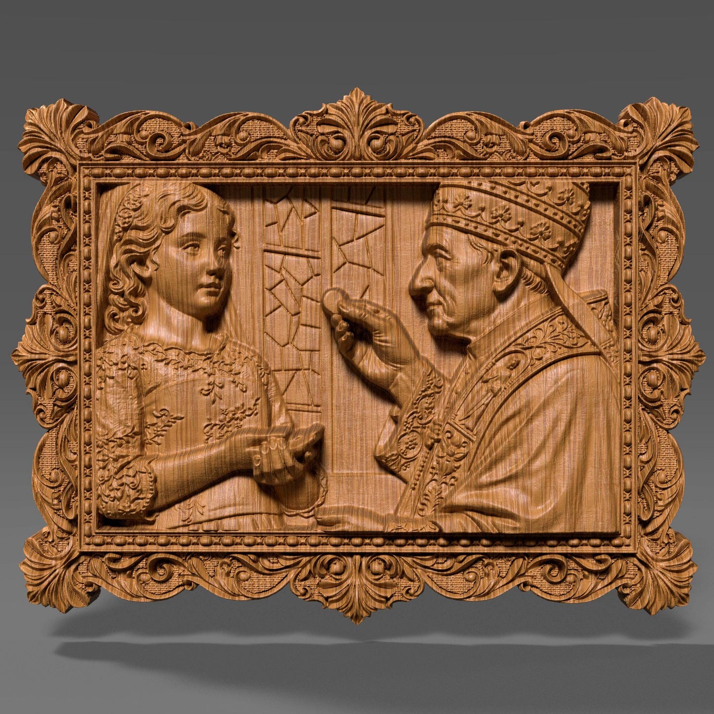 Ornate wooden bas-relief artwork depicting a First Communion scene, featuring a child receiving the Eucharist from a priest, framed in an intricate classical border. The relief shows fine facial details, flowing garments, and deep carved textures, rendered in wood style. Designed as a custom 3D bas-relief STL from a child’s photo, ideal for CNC carving, 3D printing, and Catholic religious keepsakes.