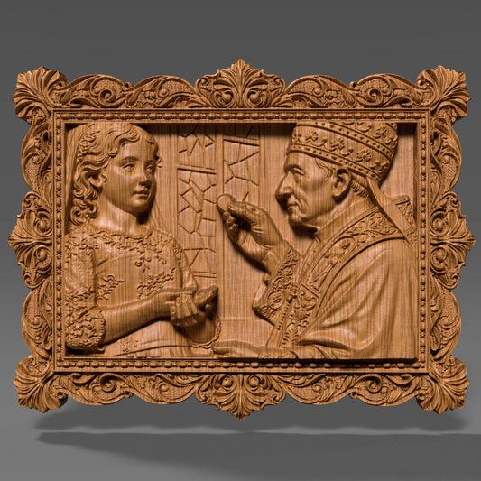 Ornate wooden bas-relief artwork depicting a First Communion scene, featuring a child receiving the Eucharist from a priest, framed in an intricate classical border. The relief shows fine facial details, flowing garments, and deep carved textures, rendered in wood style. Designed as a custom 3D bas-relief STL from a child’s photo, ideal for CNC carving, 3D printing, and Catholic religious keepsakes.