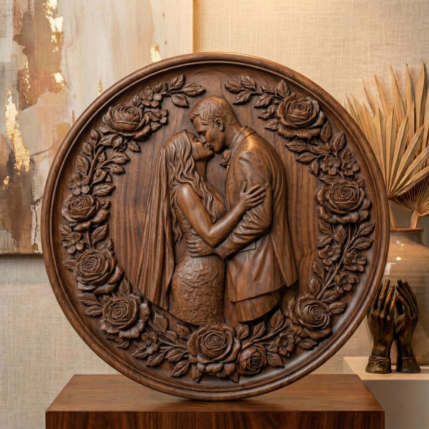 Highly detailed 3D STL bas-relief of a romantic couple embracing and kissing, framed by an elegant circular wreath of roses and leaves. The sculpture symbolizes love, marriage, and eternal connection, sculpted with deep layered relief for beautiful CNC wood carving and high-quality 3D printing. Perfect for Valentine’s Day decor, wedding gifts, anniversary keepsakes, and couple wall art. Digital STL download.