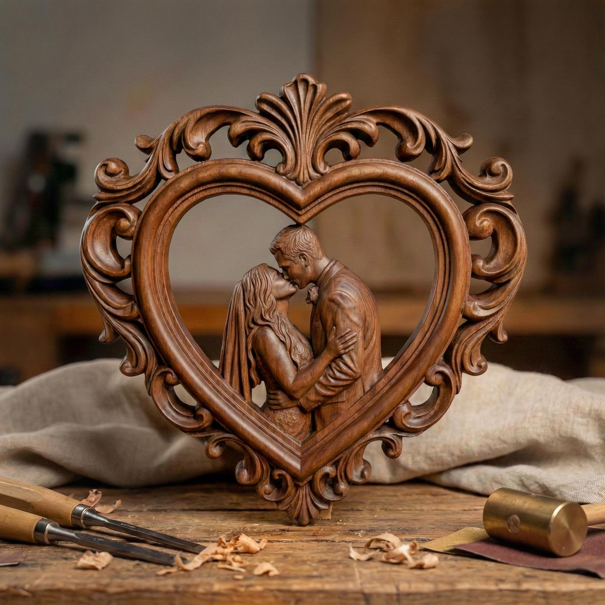 Highly detailed 3D STL bas-relief of a romantic couple embracing and kissing inside an ornate heart-shaped frame with classical floral scrollwork. The sculpture symbolizes love, marriage, and eternal bonding, designed with deep layered carving for CNC wood, resin, and 3D printing. Perfect for Valentine’s Day gifts, wedding decor, anniversary keepsakes, and couple wall art. Digital STL download.