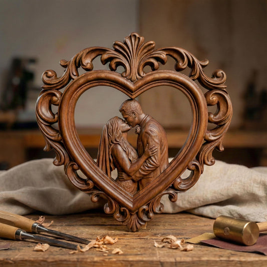 Highly detailed 3D STL bas-relief of a romantic couple embracing and kissing inside an ornate heart-shaped frame with classical floral scrollwork. The sculpture symbolizes love, marriage, and eternal bonding, designed with deep layered carving for CNC wood, resin, and 3D printing. Perfect for Valentine’s Day gifts, wedding decor, anniversary keepsakes, and couple wall art. Digital STL download.