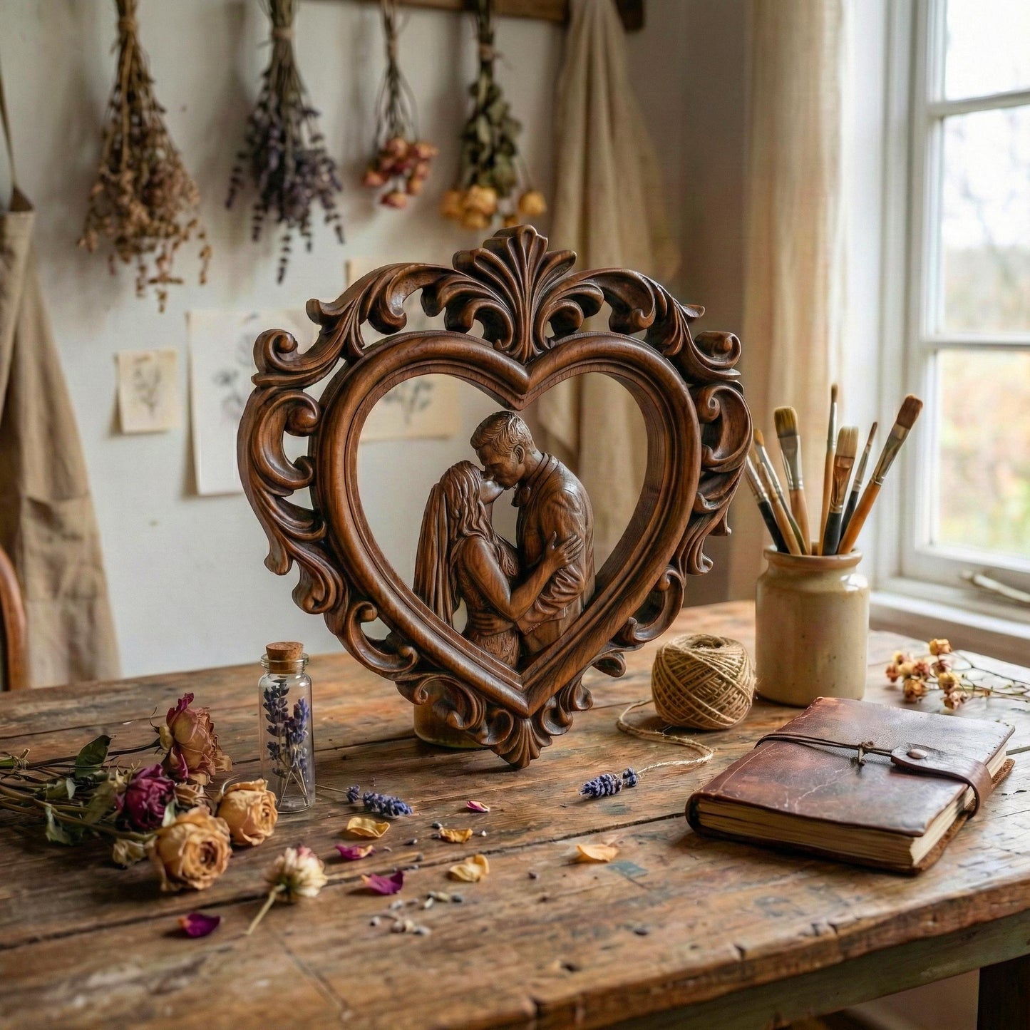 Highly detailed 3D STL bas-relief of a romantic couple embracing and kissing inside an ornate heart-shaped frame with classical floral scrollwork. The sculpture symbolizes love, marriage, and eternal bonding, designed with deep layered carving for CNC wood, resin, and 3D printing. Perfect for Valentine’s Day gifts, wedding decor, anniversary keepsakes, and couple wall art. Digital STL download.