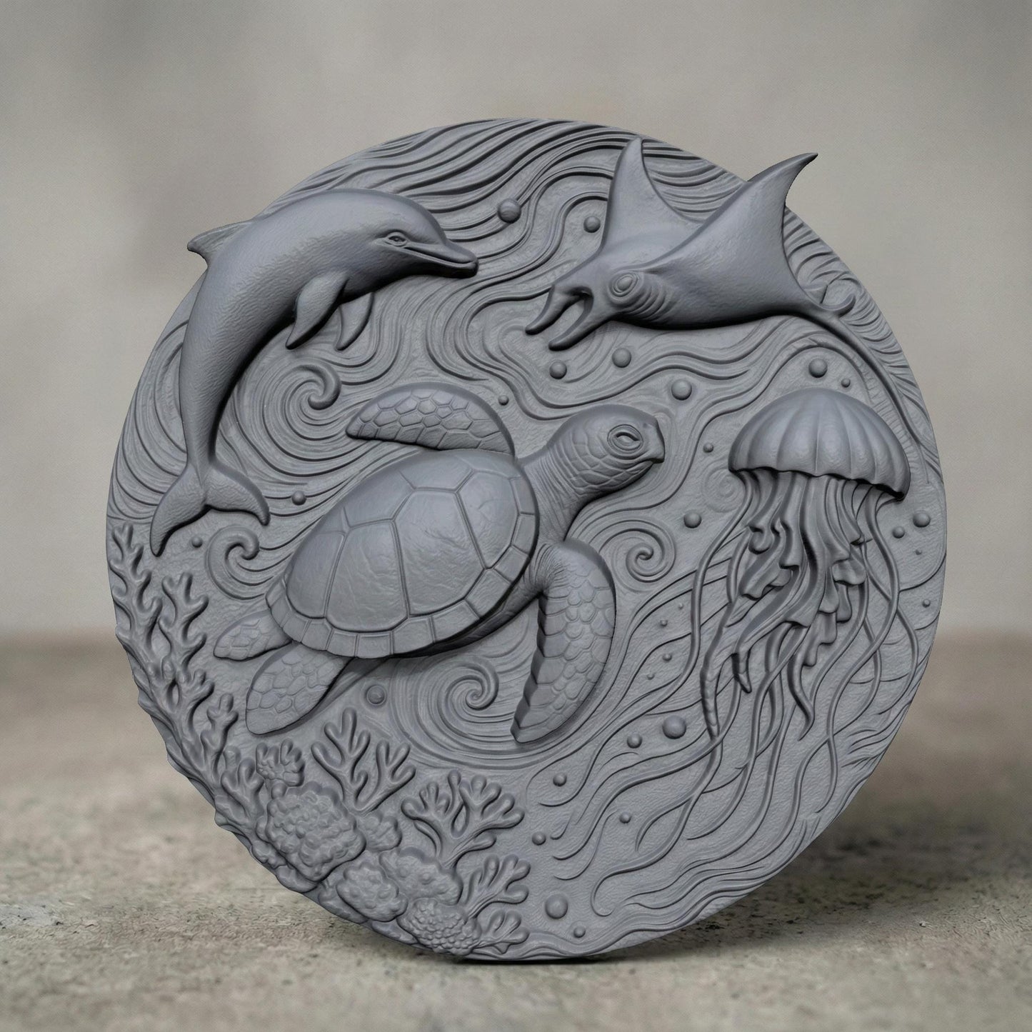 A highly detailed round 3D bas-relief of underwater ocean life featuring a sea turtle, dolphin, jellyfish, stingray, coral, and swirling currents. Perfect for summer-themed decor, beach houses, and tropical wall art. Designed for CNC carving, laser engraving, or 3D printing in wood, resin, or stone. A lively and peaceful marine scene ideal for ocean lovers, summer gifts, or coastal-inspired homes and vacation spaces.