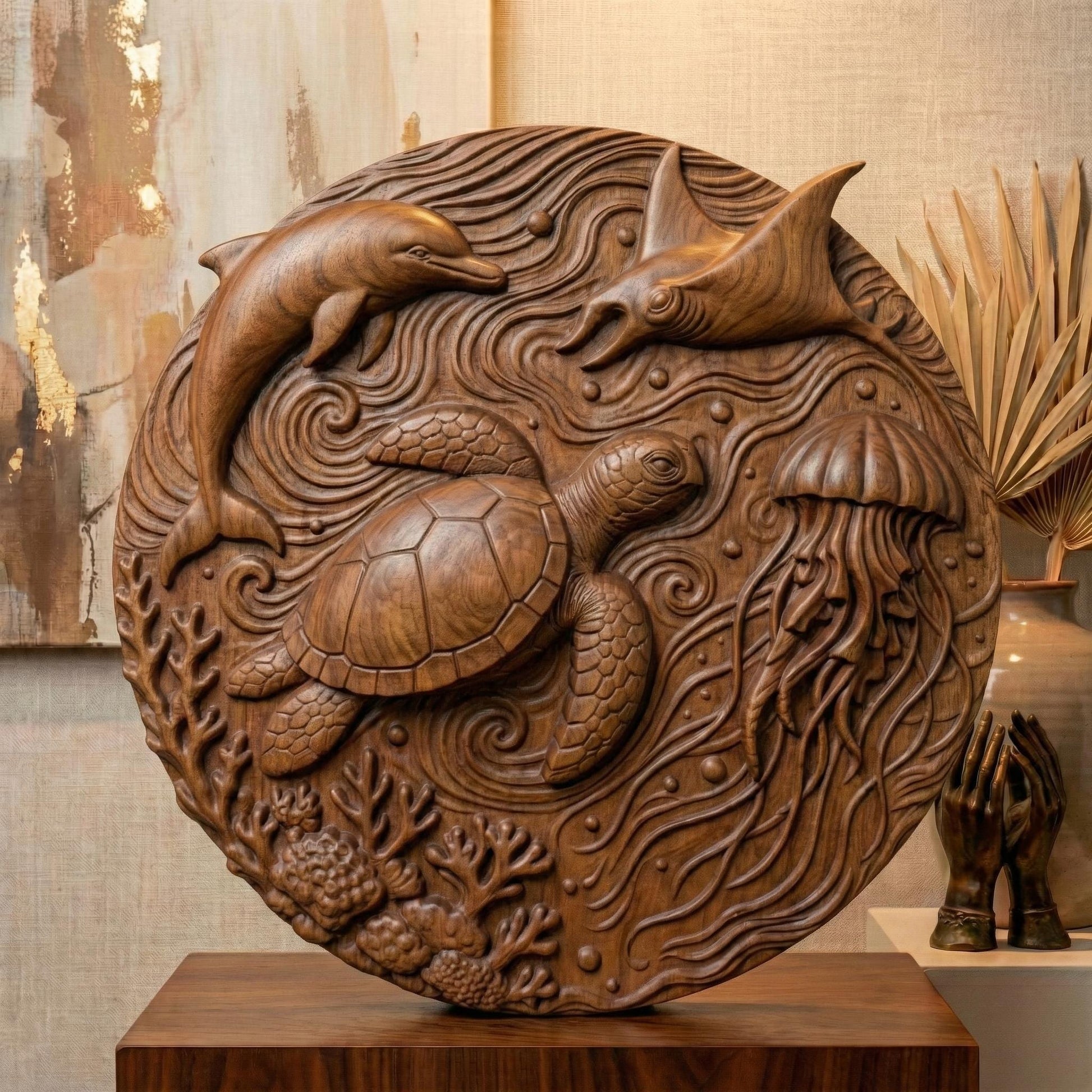 A highly detailed round 3D bas-relief of underwater ocean life featuring a sea turtle, dolphin, jellyfish, stingray, coral, and swirling currents. Perfect for summer-themed decor, beach houses, and tropical wall art. Designed for CNC carving, laser engraving, or 3D printing in wood, resin, or stone. A lively and peaceful marine scene ideal for ocean lovers, summer gifts, or coastal-inspired homes and vacation spaces.