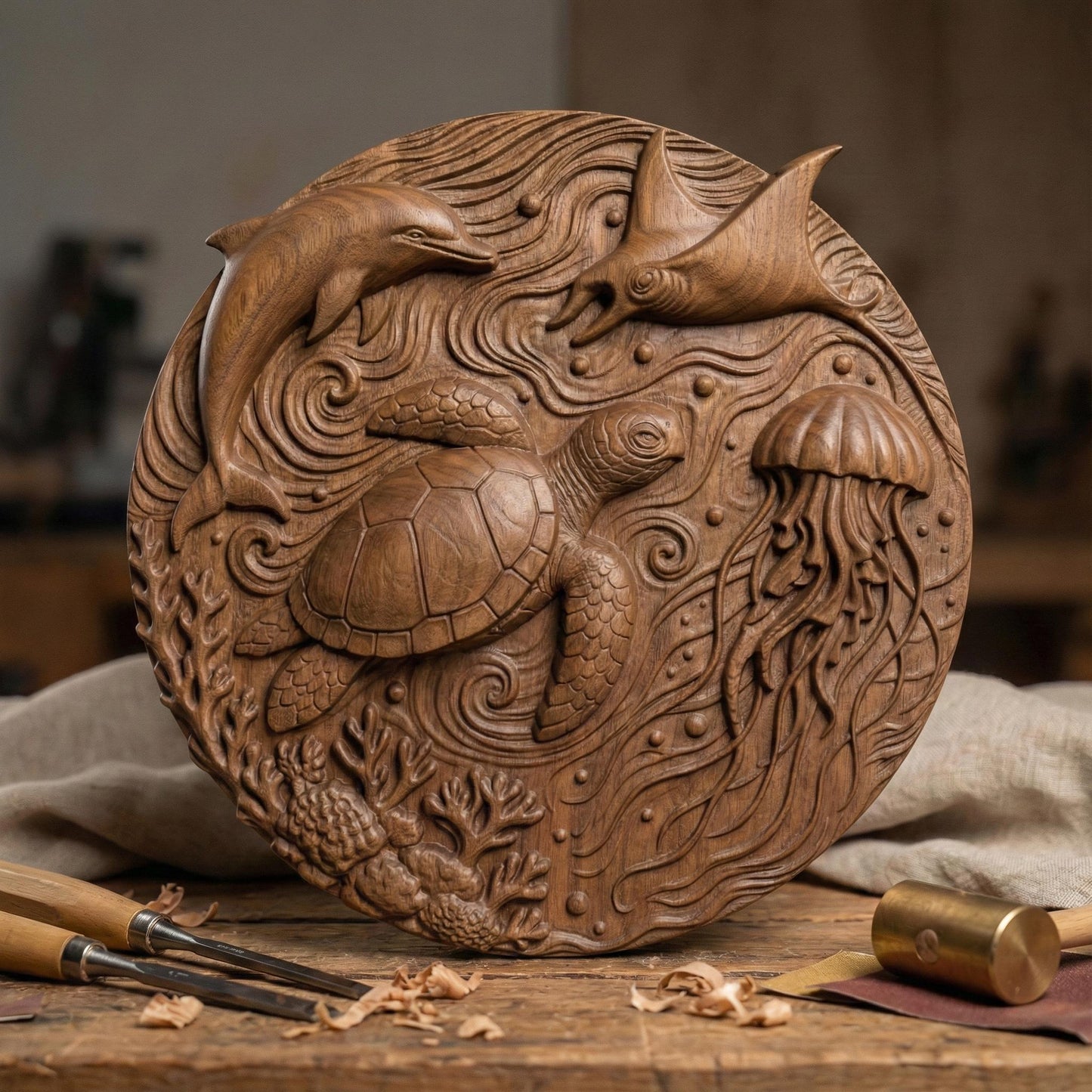 A highly detailed round 3D bas-relief of underwater ocean life featuring a sea turtle, dolphin, jellyfish, stingray, coral, and swirling currents. Perfect for summer-themed decor, beach houses, and tropical wall art. Designed for CNC carving, laser engraving, or 3D printing in wood, resin, or stone. A lively and peaceful marine scene ideal for ocean lovers, summer gifts, or coastal-inspired homes and vacation spaces.