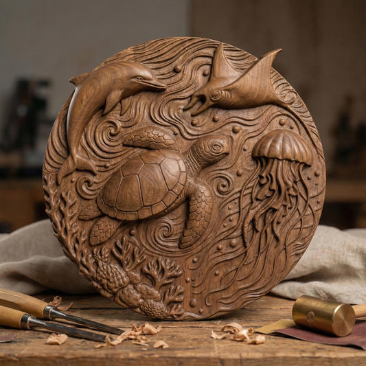A highly detailed round 3D bas-relief of underwater ocean life featuring a sea turtle, dolphin, jellyfish, stingray, coral, and swirling currents. Perfect for summer-themed decor, beach houses, and tropical wall art. Designed for CNC carving, laser engraving, or 3D printing in wood, resin, or stone. A lively and peaceful marine scene ideal for ocean lovers, summer gifts, or coastal-inspired homes and vacation spaces.
