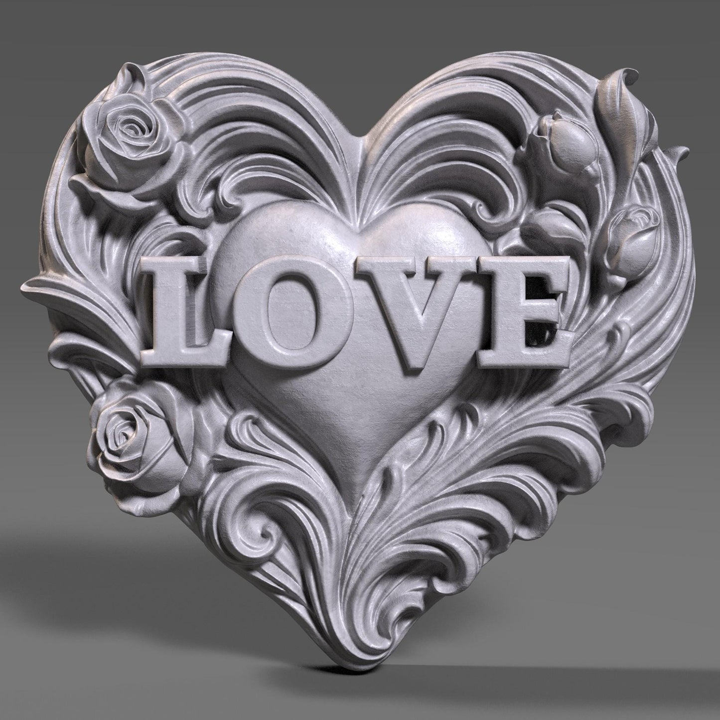 Romantic heart-shaped bas relief sculpture featuring the word LOVE carved in raised letters, surrounded by flowing floral and scroll details. Shown in warm carved wood and modern gray resin finishes, displayed as elegant tabletop and wall decor. Ideal for Valentine’s Day, anniversaries, weddings, or romantic home decor with a handcrafted, sculptural aesthetic.