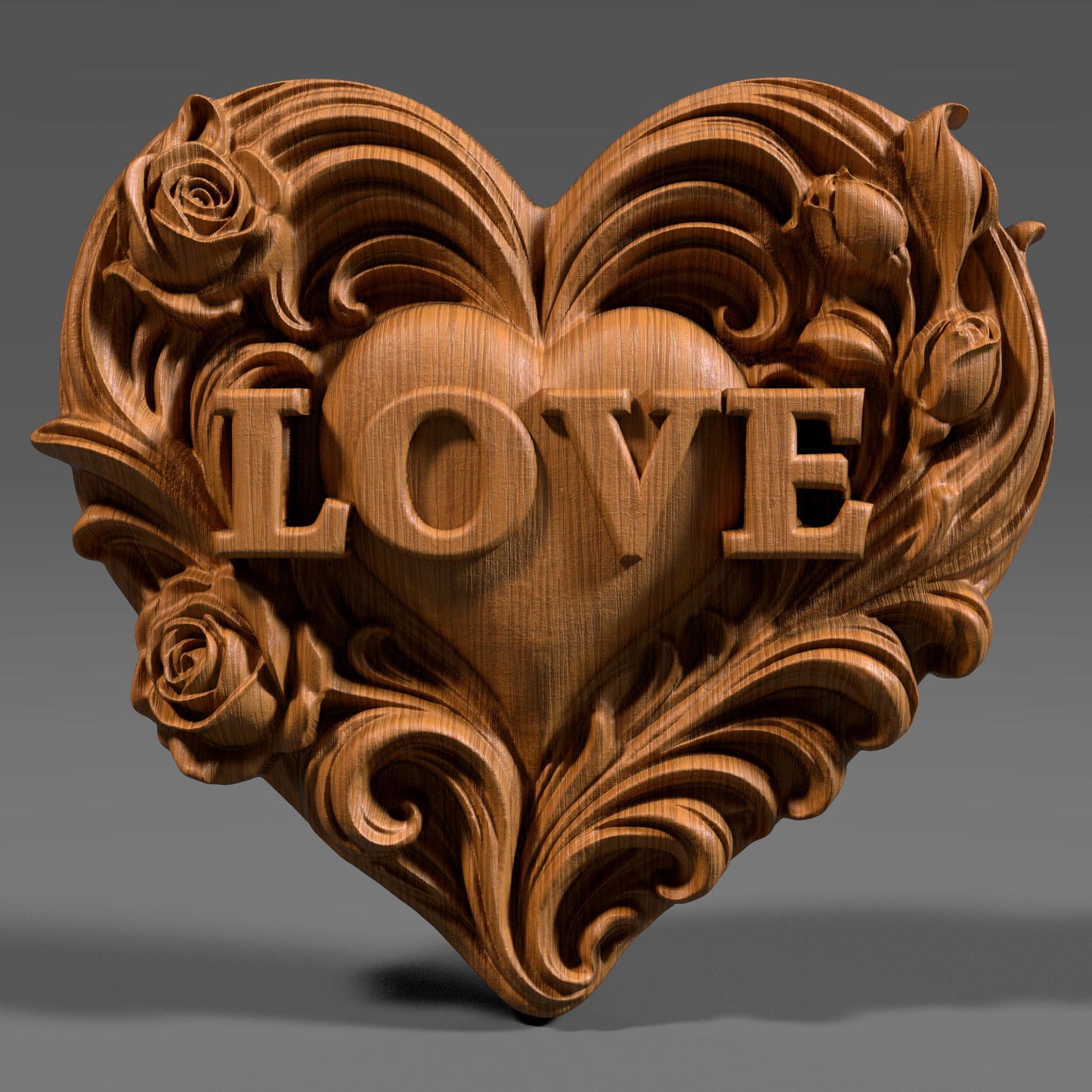 Romantic heart-shaped bas relief sculpture featuring the word LOVE carved in raised letters, surrounded by flowing floral and scroll details. Shown in warm carved wood and modern gray resin finishes, displayed as elegant tabletop and wall decor. Ideal for Valentine’s Day, anniversaries, weddings, or romantic home decor with a handcrafted, sculptural aesthetic.