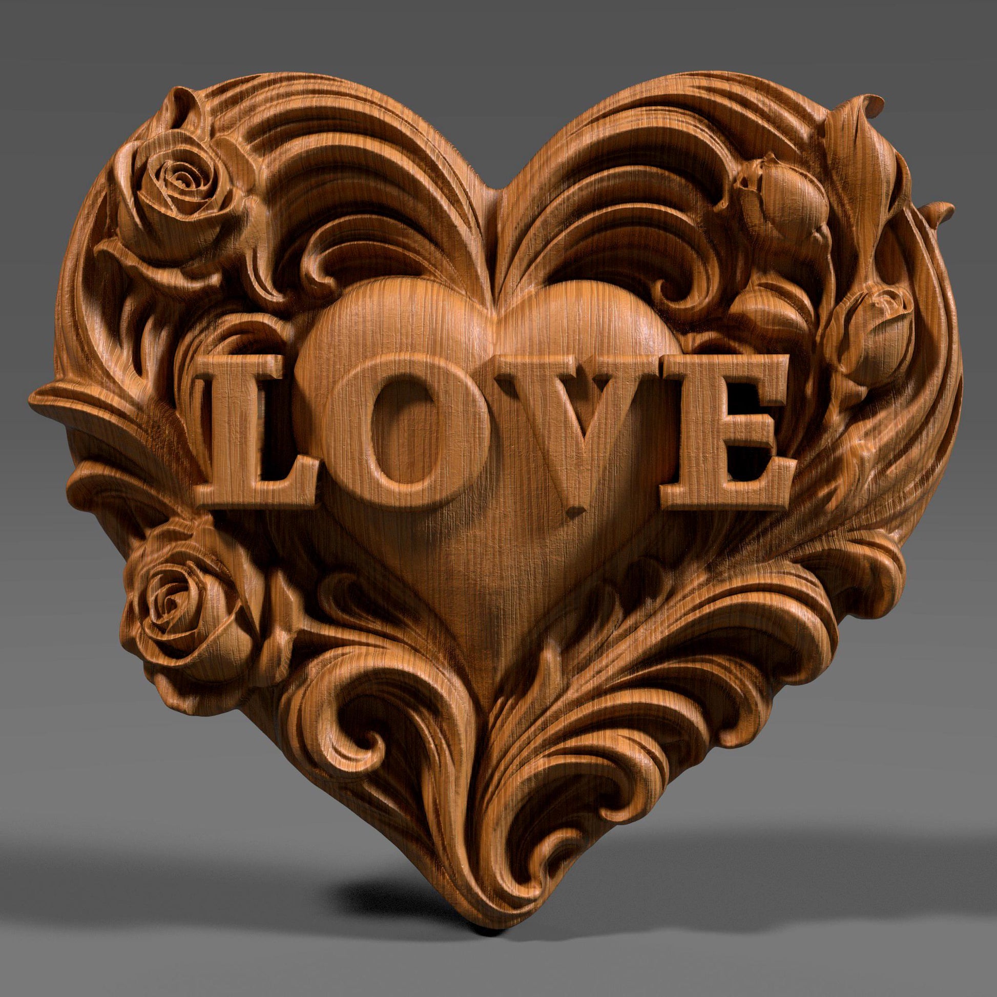 Romantic heart-shaped bas relief sculpture featuring the word LOVE carved in raised letters, surrounded by flowing floral and scroll details. Shown in warm carved wood and modern gray resin finishes, displayed as elegant tabletop and wall decor. Ideal for Valentine’s Day, anniversaries, weddings, or romantic home decor with a handcrafted, sculptural aesthetic.
