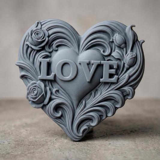 Romantic heart-shaped bas relief sculpture featuring the word LOVE carved in raised letters, surrounded by flowing floral and scroll details. Shown in warm carved wood and modern gray resin finishes, displayed as elegant tabletop and wall decor. Ideal for Valentine’s Day, anniversaries, weddings, or romantic home decor with a handcrafted, sculptural aesthetic.