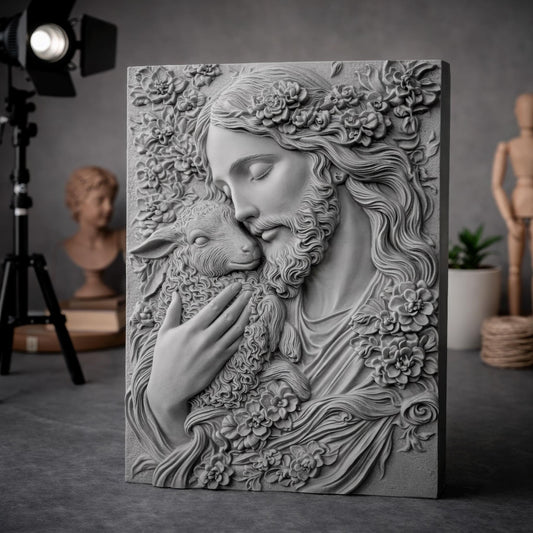 3D bas-relief carving of Jesus gently holding a lamb, surrounded by floral patterns. Ideal for CNC carving, 3D printing, or laser engraving. The artwork expresses compassion and faith, featuring intricate details in hair, wool, and flowers—suitable for wood, resin, or marble finishes. A spiritual and elegant design perfect for religious decor.