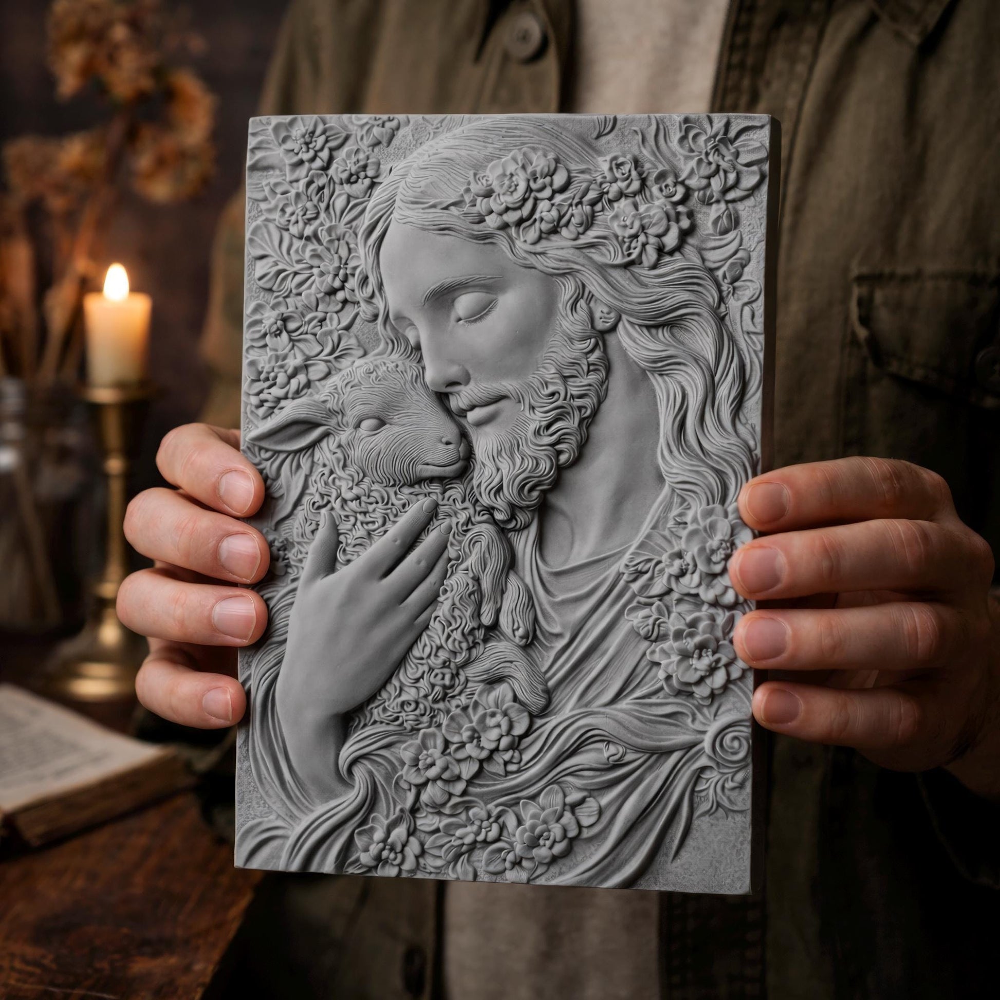 3D bas-relief carving of Jesus gently holding a lamb, surrounded by floral patterns. Ideal for CNC carving, 3D printing, or laser engraving. The artwork expresses compassion and faith, featuring intricate details in hair, wool, and flowers—suitable for wood, resin, or marble finishes. A spiritual and elegant design perfect for religious decor.