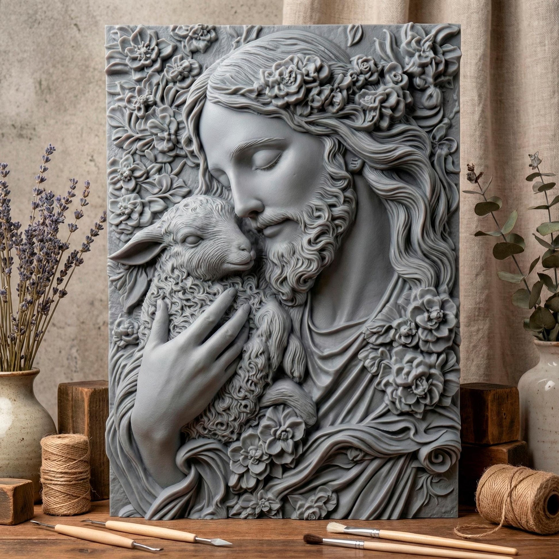 3D bas-relief carving of Jesus gently holding a lamb, surrounded by floral patterns. Ideal for CNC carving, 3D printing, or laser engraving. The artwork expresses compassion and faith, featuring intricate details in hair, wool, and flowers—suitable for wood, resin, or marble finishes. A spiritual and elegant design perfect for religious decor.