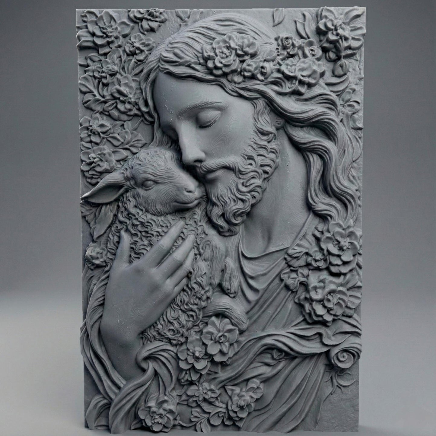 3D bas-relief carving of Jesus gently holding a lamb, surrounded by floral patterns. Ideal for CNC carving, 3D printing, or laser engraving. The artwork expresses compassion and faith, featuring intricate details in hair, wool, and flowers—suitable for wood, resin, or marble finishes. A spiritual and elegant design perfect for religious decor.
