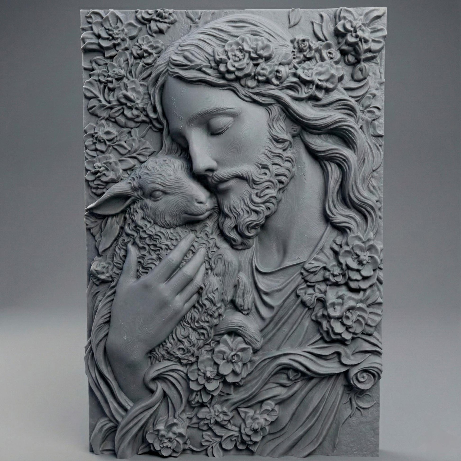 3D bas-relief carving of Jesus gently holding a lamb, surrounded by floral patterns. Ideal for CNC carving, 3D printing, or laser engraving. The artwork expresses compassion and faith, featuring intricate details in hair, wool, and flowers—suitable for wood, resin, or marble finishes. A spiritual and elegant design perfect for religious decor.