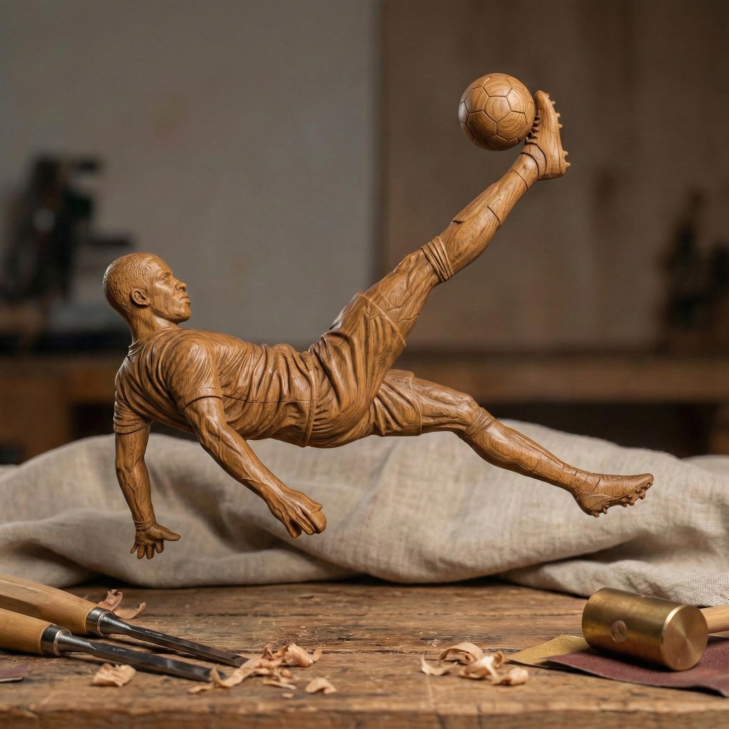 Highly detailed 3D bas-relief of a soccer player performing an overhead bicycle kick, carved in a realistic wood style. The athletic figure is captured mid-air with extended leg striking a football, showcasing dynamic motion, muscle definition, and flowing sportswear. Ideal for CNC carving, 3D printing, and wall-mounted sports decor, symbolizing passion, strength, and competitive spirit in football-inspired art.