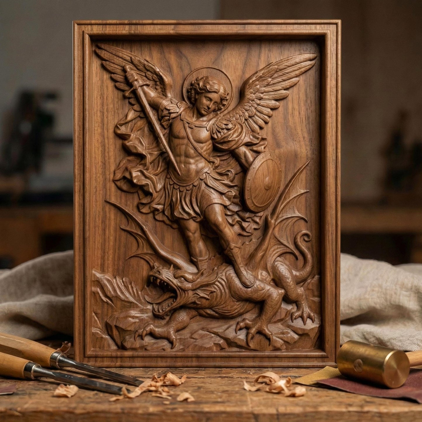 Wooden bas-relief wall art depicting Archangel Michael in dynamic motion, carved in deep relief. The winged angel holds a raised sword and shield while standing triumphantly over a defeated dragon beneath his feet. Flowing robes, detailed feathers, and dramatic cloud forms surround the figure. Rendered in rich carved wood texture with smooth depth transitions, suitable for CNC carving, wood engraving, and religious Christian wall décor.