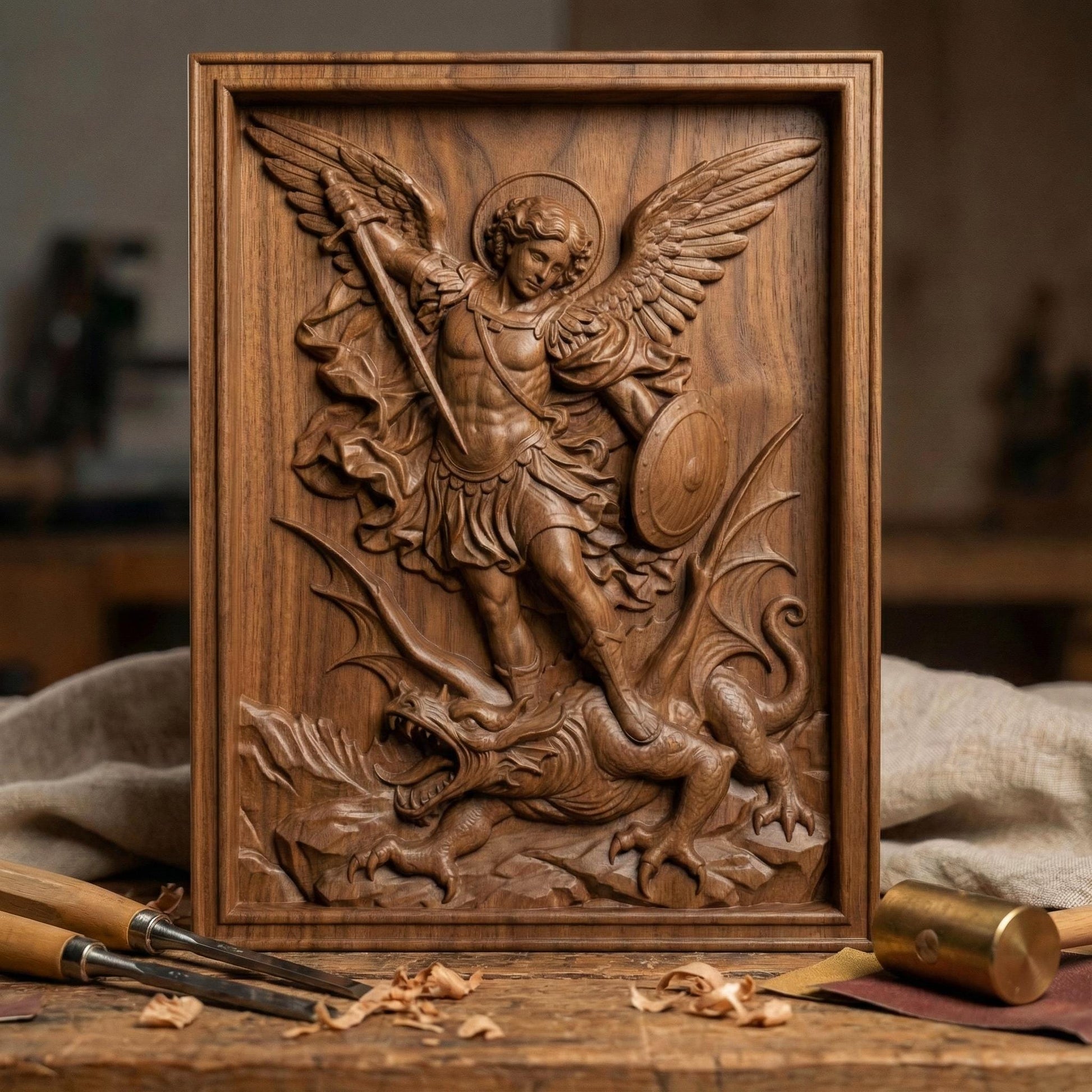 Wooden bas-relief wall art depicting Archangel Michael in dynamic motion, carved in deep relief. The winged angel holds a raised sword and shield while standing triumphantly over a defeated dragon beneath his feet. Flowing robes, detailed feathers, and dramatic cloud forms surround the figure. Rendered in rich carved wood texture with smooth depth transitions, suitable for CNC carving, wood engraving, and religious Christian wall décor.