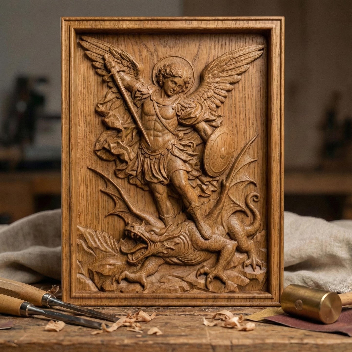Wooden bas-relief wall art depicting Archangel Michael in dynamic motion, carved in deep relief. The winged angel holds a raised sword and shield while standing triumphantly over a defeated dragon beneath his feet. Flowing robes, detailed feathers, and dramatic cloud forms surround the figure. Rendered in rich carved wood texture with smooth depth transitions, suitable for CNC carving, wood engraving, and religious Christian wall décor.