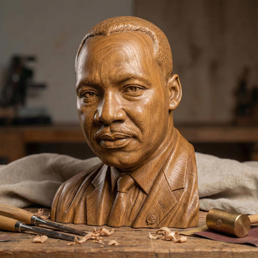 Highly detailed 3D portrait bust of Martin Luther King Jr., depicted with a calm, thoughtful expression and formal suit and tie. Rendered in a realistic wood-carved style, the sculpture emphasizes facial depth, historical dignity, and symbolic leadership. Ideal for Martin Luther King Jr. Day displays, educational settings, memorial art, CNC carving, and 3D printing projects honoring civil rights history.