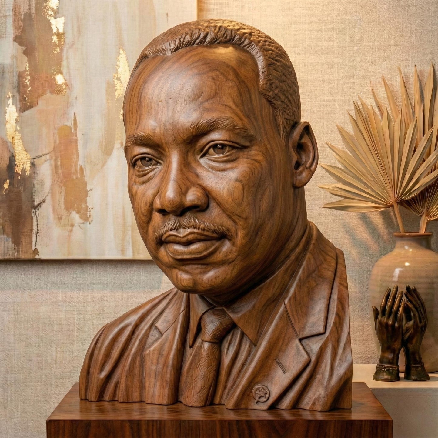 Highly detailed 3D portrait bust of Martin Luther King Jr., depicted with a calm, thoughtful expression and formal suit and tie. Rendered in a realistic wood-carved style, the sculpture emphasizes facial depth, historical dignity, and symbolic leadership. Ideal for Martin Luther King Jr. Day displays, educational settings, memorial art, CNC carving, and 3D printing projects honoring civil rights history.