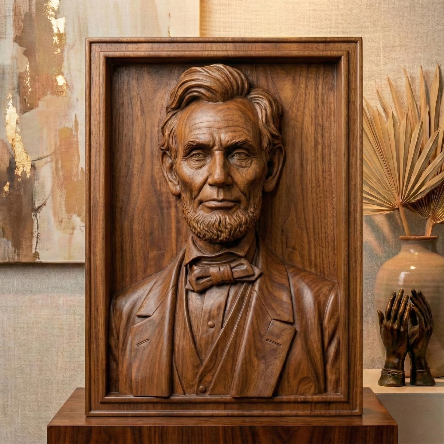 Highly detailed 3D portrait bust of Abraham Lincoln, capturing the strength, humility, and resolve of one of America’s most influential leaders. Rendered in a realistic wood-carved style with iconic beard, bow tie, and solemn expression, this sculpture symbolizes unity, freedom, and the enduring American spirit. Designed for CNC carving and 3D printing, ideal for America’s 250th anniversary, historical displays, schools, and patriotic tributes.