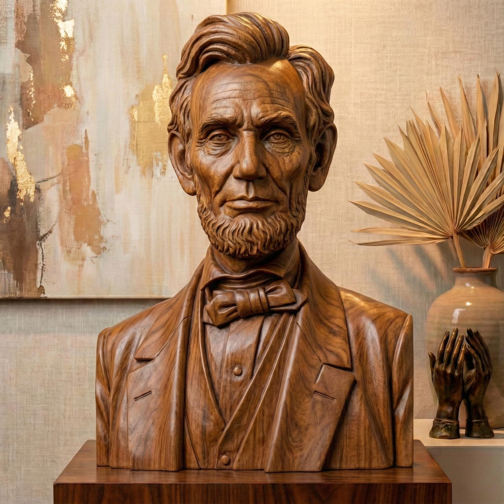Highly detailed 3D portrait bust of Abraham Lincoln, capturing the strength, humility, and resolve of one of America’s most influential leaders. Rendered in a realistic wood-carved style with iconic beard, bow tie, and solemn expression, this sculpture symbolizes unity, freedom, and the enduring American spirit. Designed for CNC carving and 3D printing, ideal for America’s 250th anniversary, historical displays, schools, and patriotic tributes.