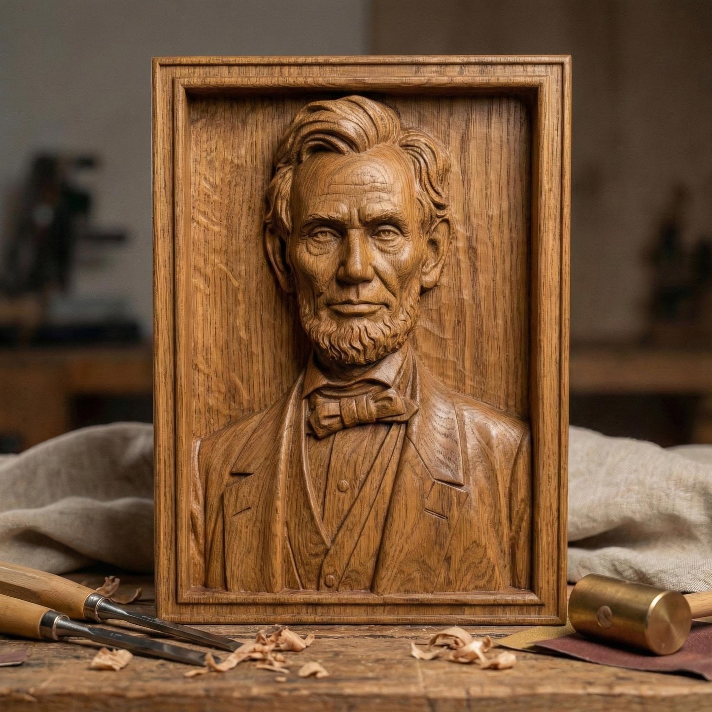 Highly detailed 3D portrait bust of Abraham Lincoln, capturing the strength, humility, and resolve of one of America’s most influential leaders. Rendered in a realistic wood-carved style with iconic beard, bow tie, and solemn expression, this sculpture symbolizes unity, freedom, and the enduring American spirit. Designed for CNC carving and 3D printing, ideal for America’s 250th anniversary, historical displays, schools, and patriotic tributes.