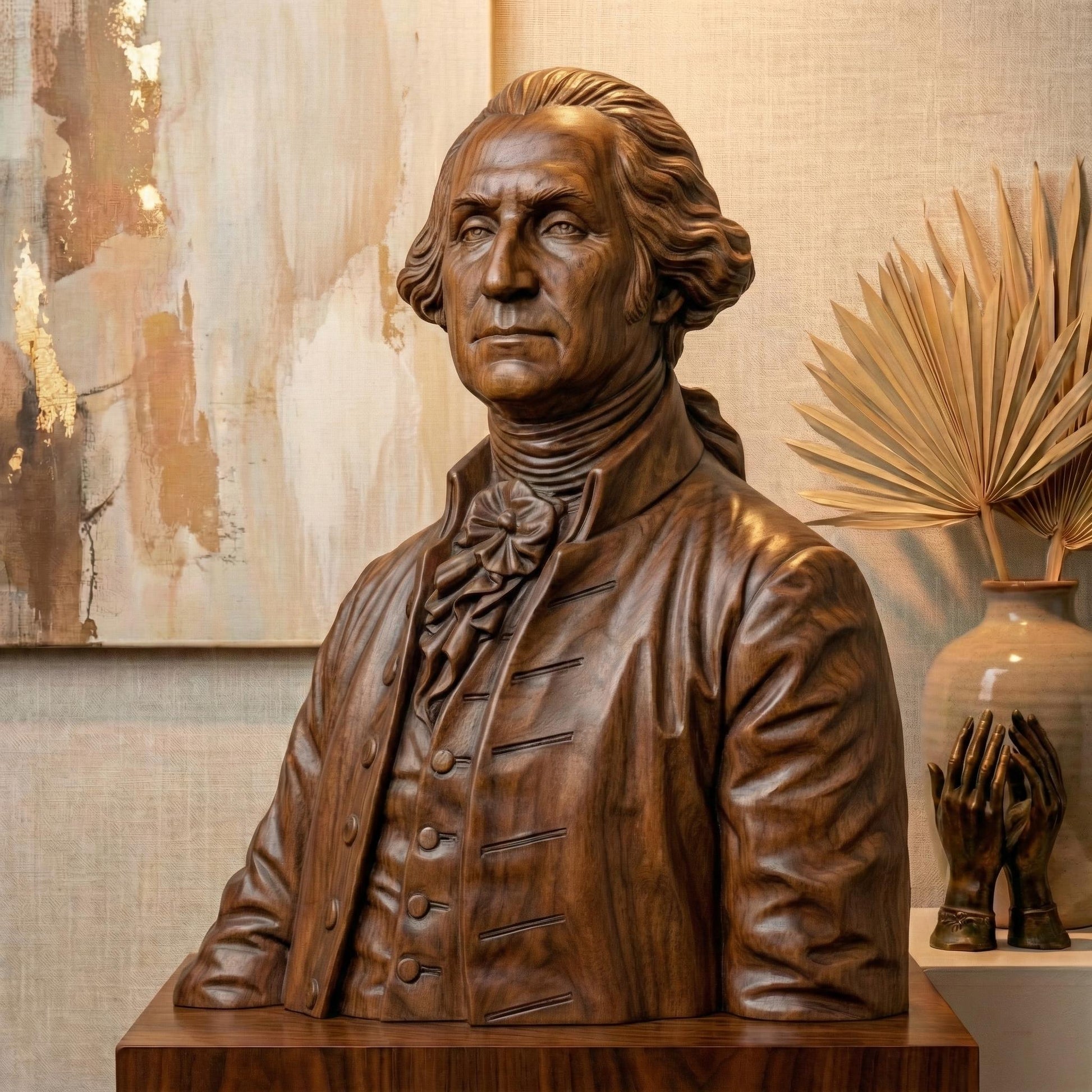 Highly detailed 3D carved bust of George Washington depicted in an 18th-century formal coat with cravat, sculpted in a classical neoclassical style. The model features realistic facial expression, flowing hair, period clothing folds, and smooth bas-relief transitions, ideal for CNC wood carving, 3D printing, and decorative historical wall art or display sculptures.