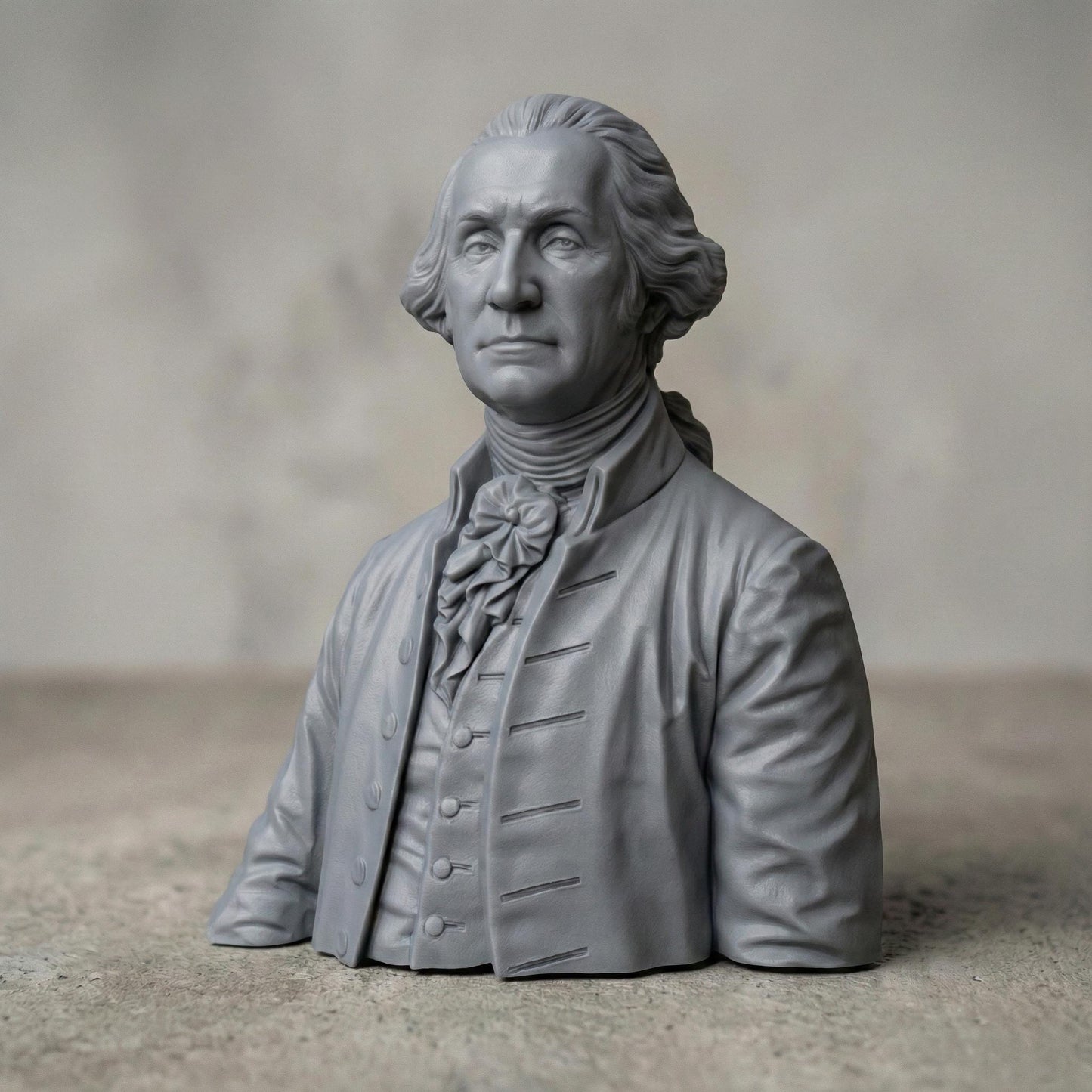 Highly detailed 3D carved bust of George Washington depicted in an 18th-century formal coat with cravat, sculpted in a classical neoclassical style. The model features realistic facial expression, flowing hair, period clothing folds, and smooth bas-relief transitions, ideal for CNC wood carving, 3D printing, and decorative historical wall art or display sculptures.