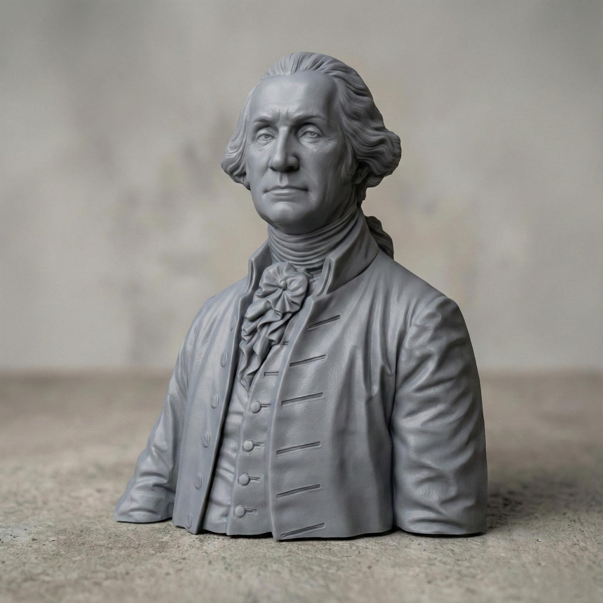 Highly detailed 3D carved bust of George Washington depicted in an 18th-century formal coat with cravat, sculpted in a classical neoclassical style. The model features realistic facial expression, flowing hair, period clothing folds, and smooth bas-relief transitions, ideal for CNC wood carving, 3D printing, and decorative historical wall art or display sculptures.
