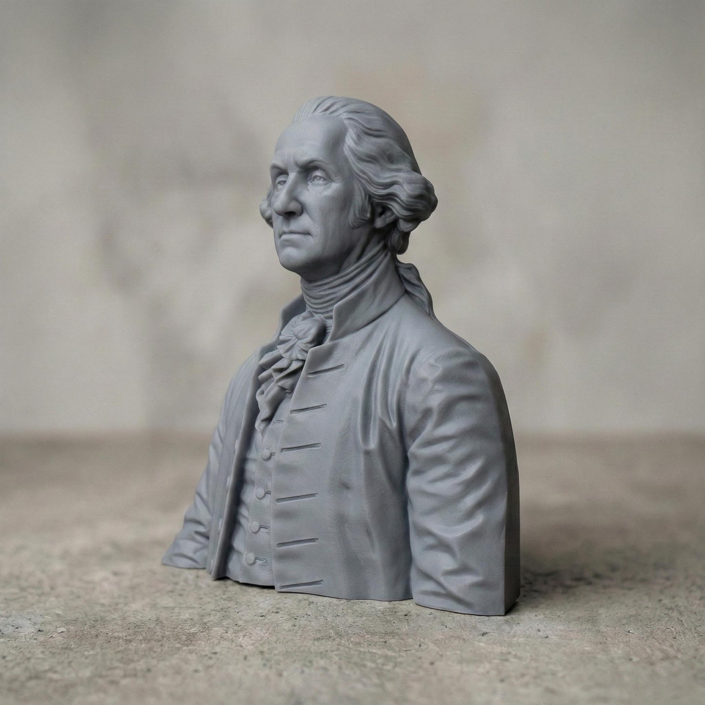 Highly detailed 3D carved bust of George Washington depicted in an 18th-century formal coat with cravat, sculpted in a classical neoclassical style. The model features realistic facial expression, flowing hair, period clothing folds, and smooth bas-relief transitions, ideal for CNC wood carving, 3D printing, and decorative historical wall art or display sculptures.