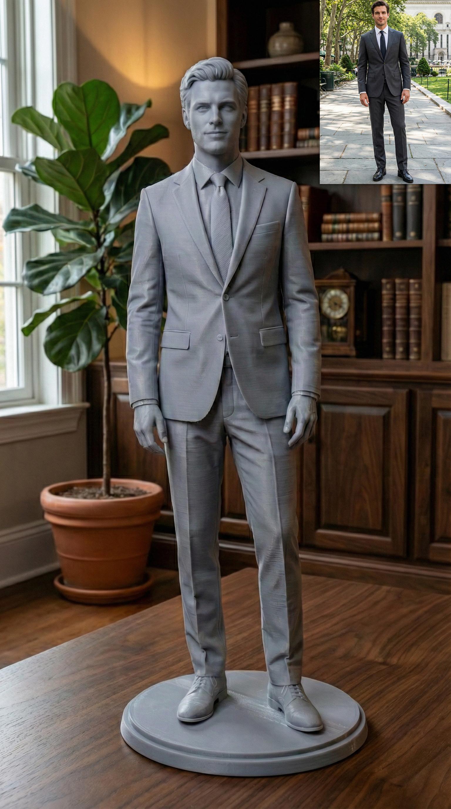 High-detail resin 3D printed human figure sculpture, digitally sculpted with realistic anatomy, facial structure, and tailored clothing. The statue stands on a round base with smooth surface finish, showcasing professional character modeling, accurate proportions, and refined details inspired by cinematic and game-quality digital sculpting, suitable for display, custom portraits, memorials, and collectible art