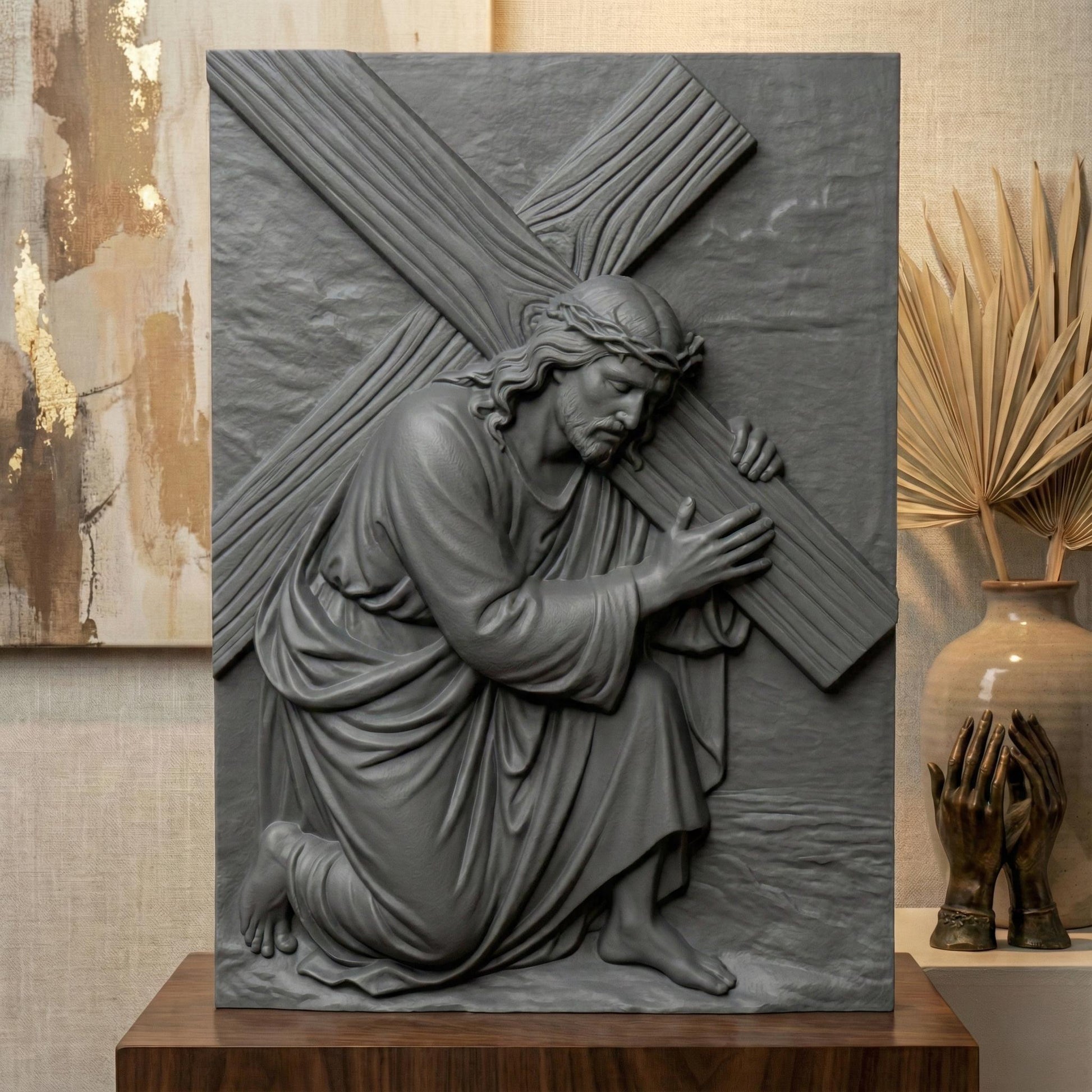 A deep relief 3D sculpture of Jesus Christ kneeling and carrying the cross, rendered in high-resolution gray resin with stone-like finish. The artwork features expressive facial details, flowing robes, and realistic wood grain texture on the cross. Ideal for Christian home decor, religious gifts, or prayer room installations. Studio lighting highlights the elegant depth and intricate craftsmanship of the resin print.