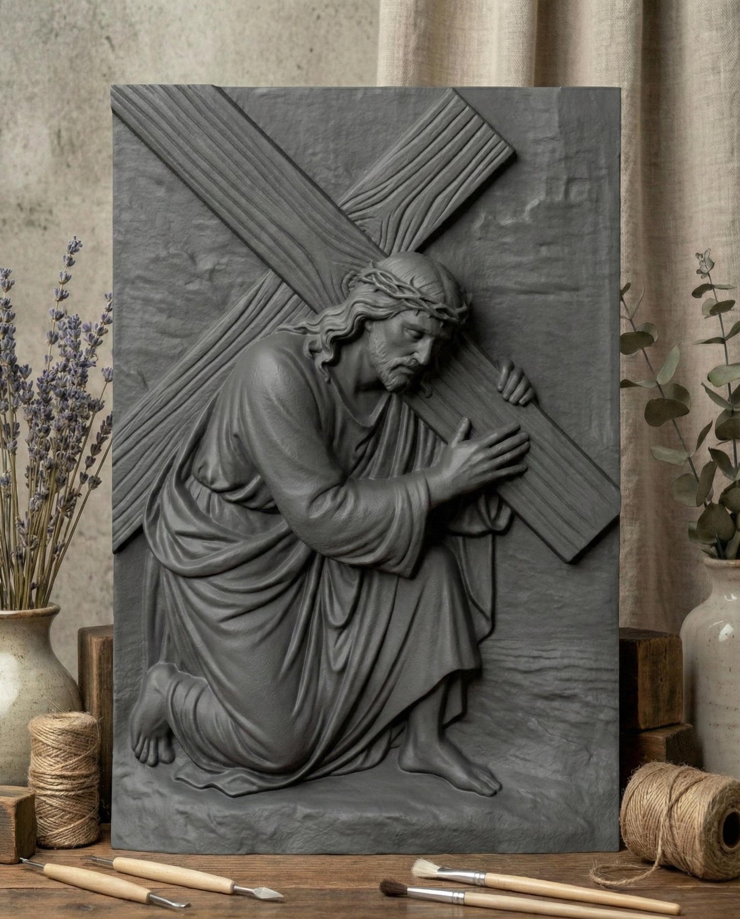 A deep relief 3D sculpture of Jesus Christ kneeling and carrying the cross, rendered in high-resolution gray resin with stone-like finish. The artwork features expressive facial details, flowing robes, and realistic wood grain texture on the cross. Ideal for Christian home decor, religious gifts, or prayer room installations. Studio lighting highlights the elegant depth and intricate craftsmanship of the resin print.