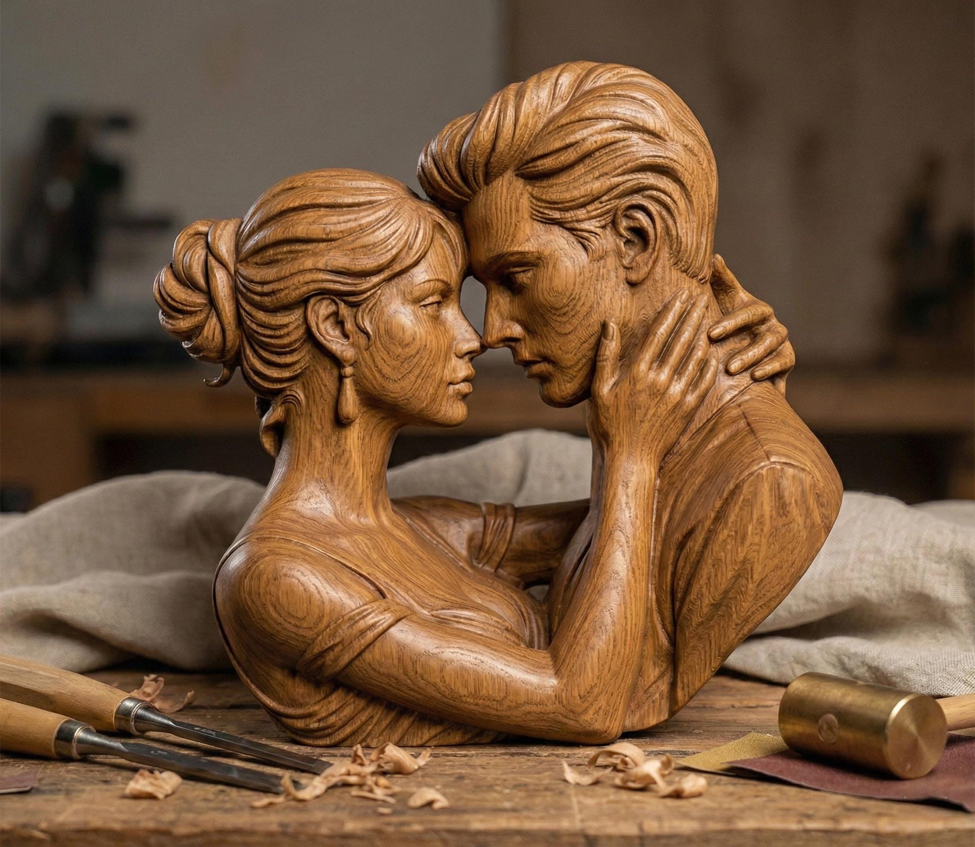 Romantic couple in deep embrace 3D bas relief sculpture, STL file for CNC carving or 3D printing. Ideal for Valentine’s Day or anniversary gifts, showing emotional connection between man and woman. High-detail forehead touch pose with artistic lines, perfect for wood, resin, or laser engraving outputs.