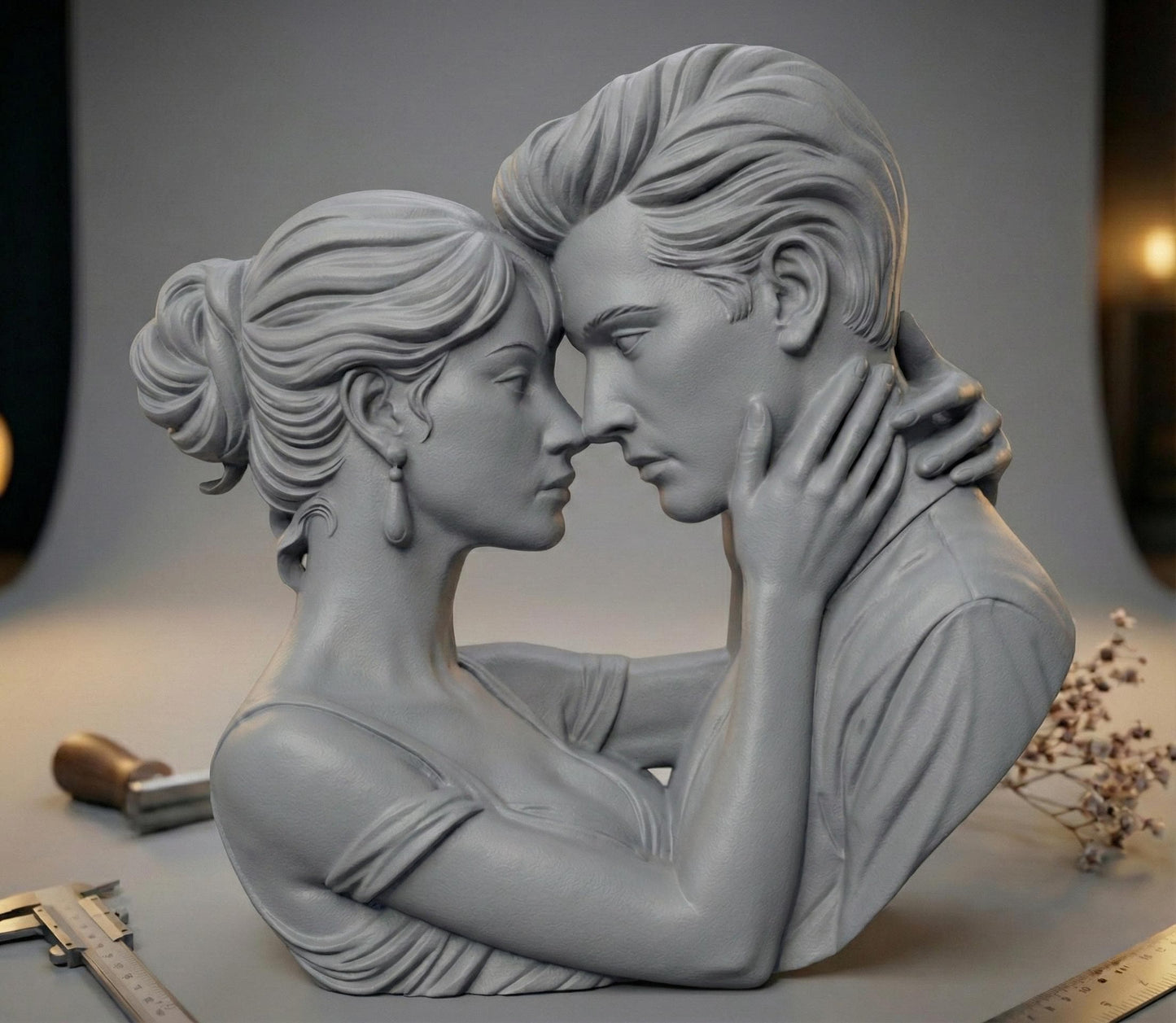 Romantic couple in deep embrace 3D bas relief sculpture, STL file for CNC carving or 3D printing. Ideal for Valentine’s Day or anniversary gifts, showing emotional connection between man and woman. High-detail forehead touch pose with artistic lines, perfect for wood, resin, or laser engraving outputs.