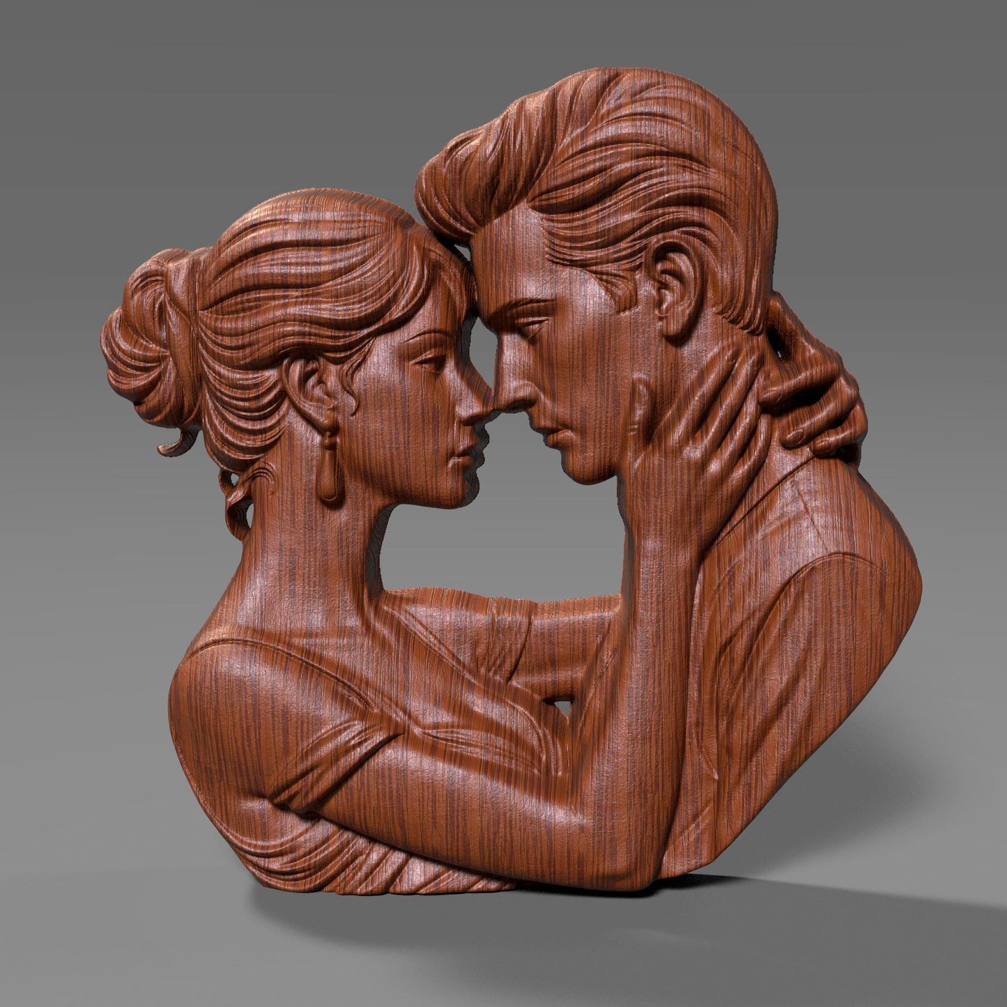 Romantic couple in deep embrace 3D bas relief sculpture, STL file for CNC carving or 3D printing. Ideal for Valentine’s Day or anniversary gifts, showing emotional connection between man and woman. High-detail forehead touch pose with artistic lines, perfect for wood, resin, or laser engraving outputs.