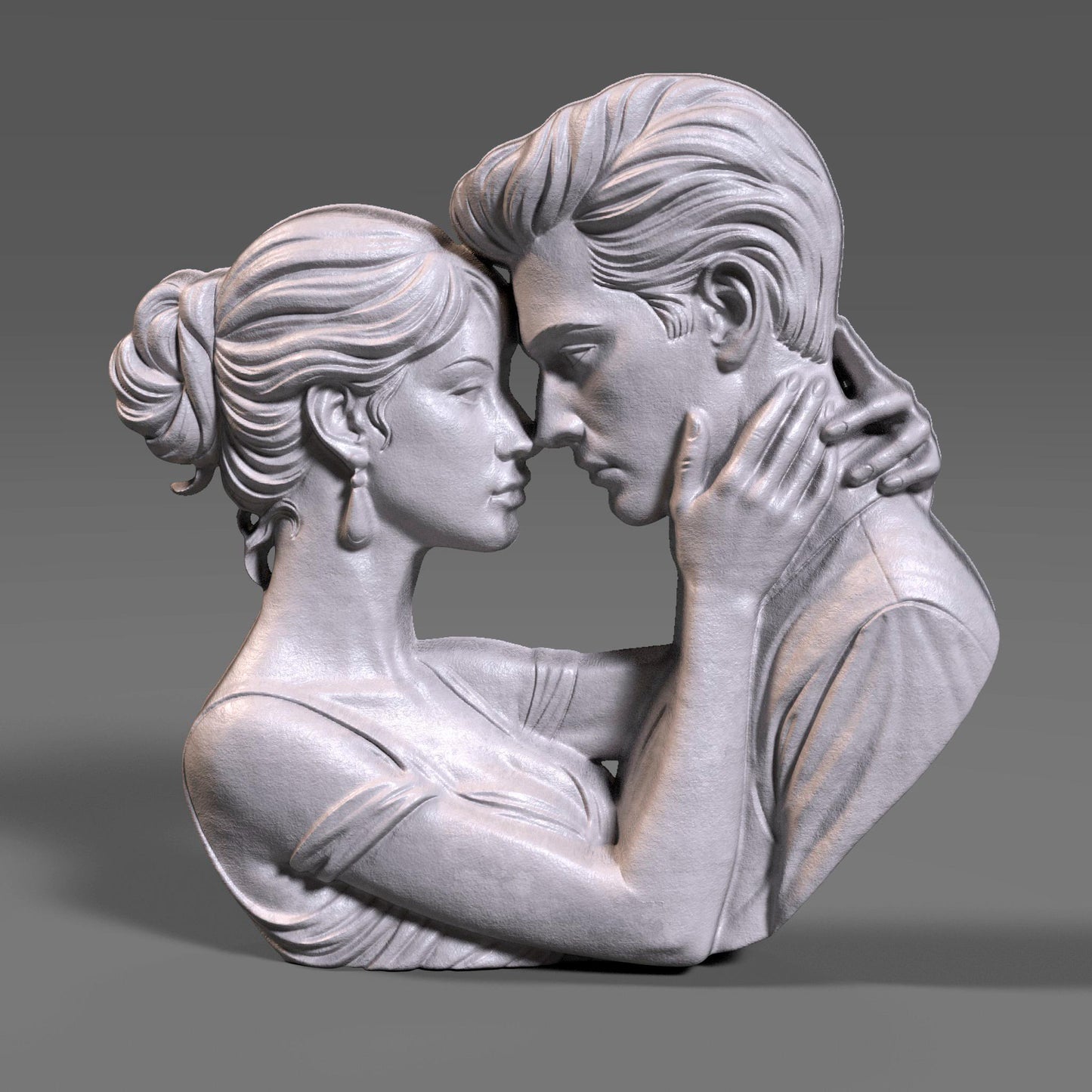 Romantic couple in deep embrace 3D bas relief sculpture, STL file for CNC carving or 3D printing. Ideal for Valentine’s Day or anniversary gifts, showing emotional connection between man and woman. High-detail forehead touch pose with artistic lines, perfect for wood, resin, or laser engraving outputs.