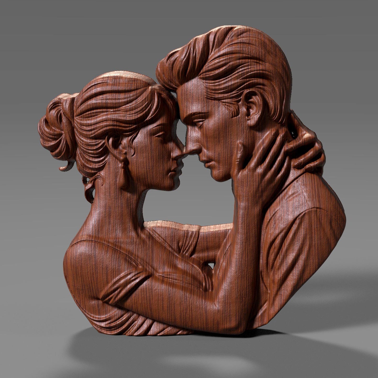 Romantic couple in deep embrace 3D bas relief sculpture, STL file for CNC carving or 3D printing. Ideal for Valentine’s Day or anniversary gifts, showing emotional connection between man and woman. High-detail forehead touch pose with artistic lines, perfect for wood, resin, or laser engraving outputs.