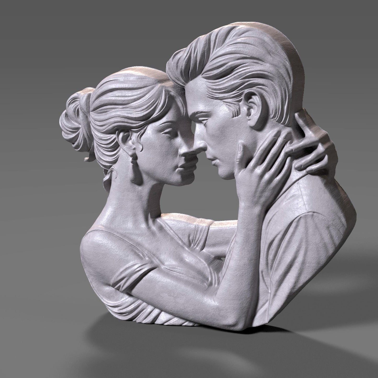 Romantic couple in deep embrace 3D bas relief sculpture, STL file for CNC carving or 3D printing. Ideal for Valentine’s Day or anniversary gifts, showing emotional connection between man and woman. High-detail forehead touch pose with artistic lines, perfect for wood, resin, or laser engraving outputs.